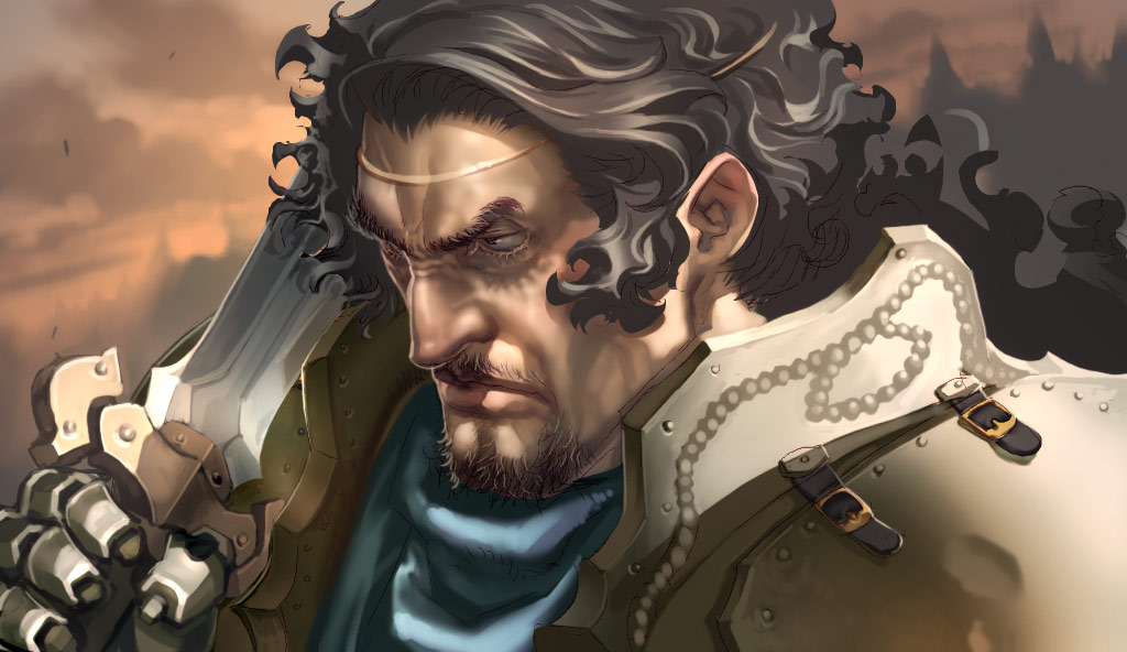 itou ben, original, 1boy, armor, beard, black hair, facial hair, fantasy, frown, male focus, short hair, solo, sword, weapon
