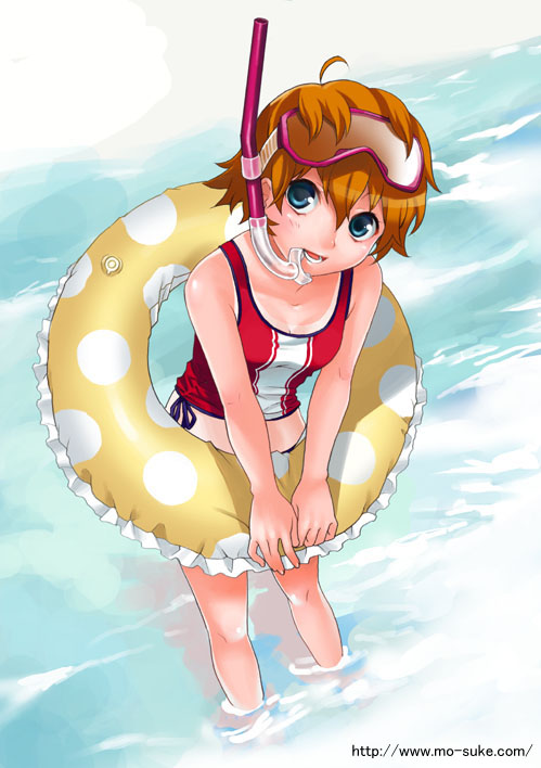 mattaku mousuke, original, 1girl, ahoge, aqua eyes, bikini, diving mask, dutch angle, female focus, goggles, innertube, leaning forward, one-piece tan, orange hair, red bikini, short hair, snorkel, solo, swim ring, swimsuit, tan, tankini, tanline, wading, water