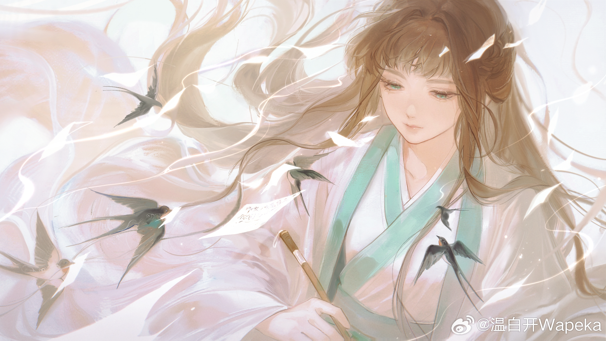 li qingning (the legend of luoxiaohei), lanxi zhen, luo xiaohei zhanji, highres, 1girl, aqua eyes, bird, black hair, floating hair, holding, long hair, paper, solo, upper body, weibo 6632877838, white background