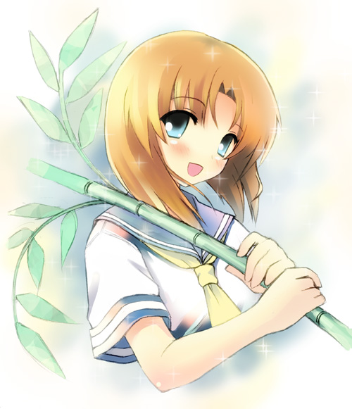 tsukina (artist), ryuuguu rena, higurashi no naku koro ni, 00s, 1girl, bamboo, blue eyes, brown hair, female focus, head tilt, looking at viewer, school uniform, serafuku, smile, solo, sparkle, tanabata, upper body