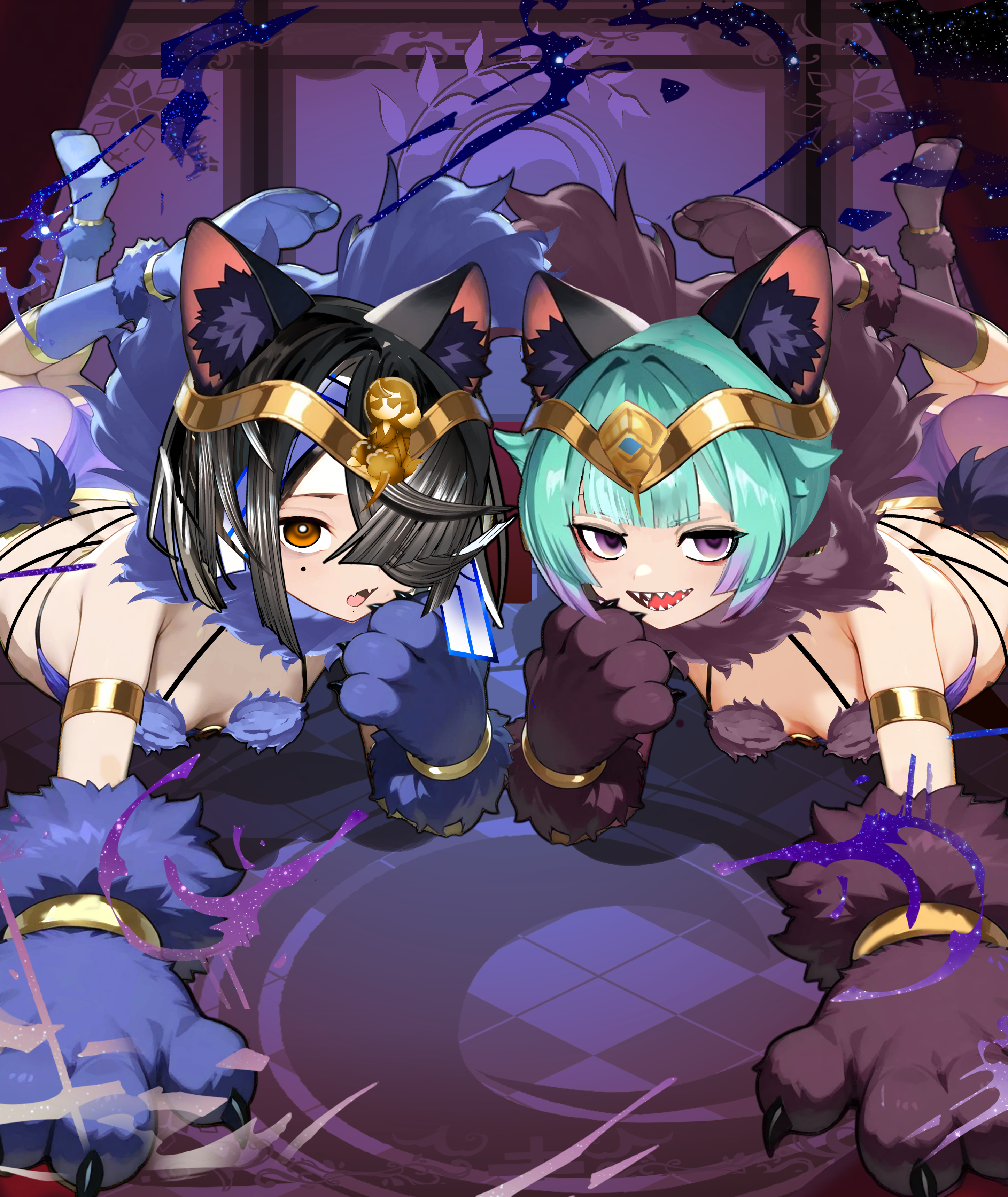 kitsunebi44410, locusta (fate), mash kyrielight, mash kyrielight (dangerous beast), xu fu (fate), fate/grand order, fate (series), absurdres, highres, 2girls, adapted costume, animal ears, anklet, armlet, bare shoulders, black hair, blue gloves, blue thighhighs, bow, bracelet, breasts, brown eyes, circlet, fur-trimmed gloves, fur collar, fur trim, gloves, green hair, hair over one eye, jewelry, looking at viewer, mole, mole under eye, multicolored hair, multiple girls, open mouth, purple eyes, purple gloves, purple hair, purple thighhighs, revealing clothes, sharp teeth, short hair, small breasts, smile, tail, teeth, thighhighs, two-tone hair, wolf ears, wolf tail