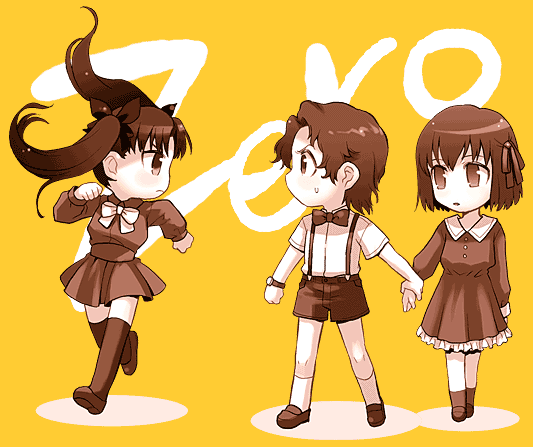 task owner, matou sakura, matou sakura (fate/zero), matou shinji, tohsaka rin, tohsaka rin (fate/zero), fate/stay night, fate (series), 00s, 1boy, 2girls, aged down, bow, bowtie, brother and sister, child, dress, monochrome, multiple girls, ribbon, siblings, sisters, thighhighs, twintails, wavy hair