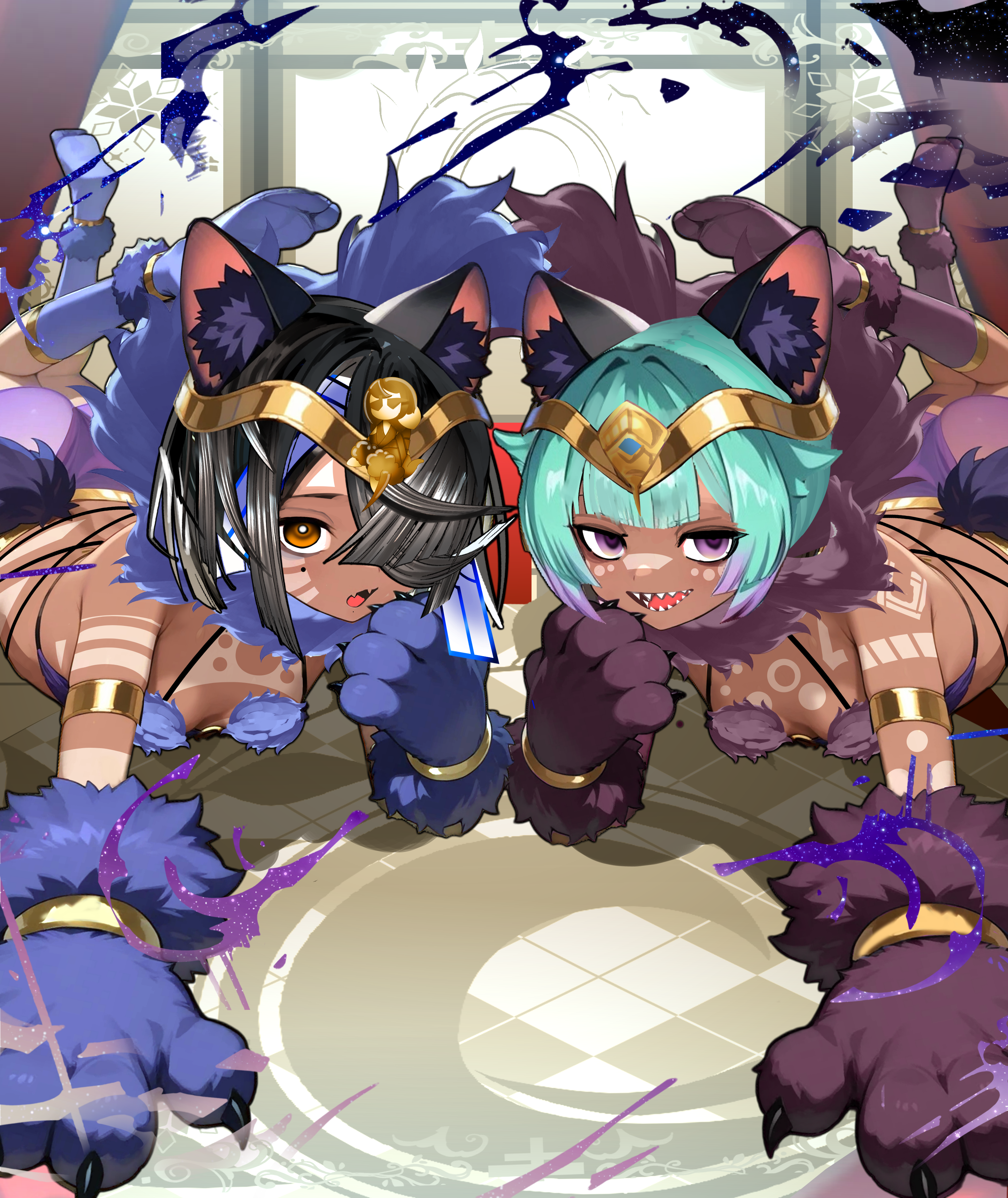 kitsunebi44410, locusta (fate), mash kyrielight, mash kyrielight (dangerous beast), xu fu (fate), fate/grand order, fate (series), absurdres, highres, 2girls, adapted costume, animal ears, anklet, armlet, bare shoulders, black hair, blue gloves, blue thighhighs, body markings, bow, bracelet, breasts, brown eyes, circlet, dark-skinned female, dark skin, fur-trimmed gloves, fur collar, fur trim, gloves, green hair, hair over one eye, jewelry, looking at viewer, mole, mole under eye, multicolored hair, multiple girls, open mouth, purple eyes, purple gloves, purple hair, purple thighhighs, revealing clothes, sharp teeth, short hair, small breasts, smile, tail, teeth, thighhighs, two-tone hair, wolf ears, wolf tail