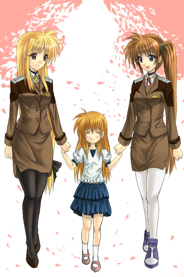 kitiroku, fate testarossa, takamachi nanoha, vivio, lyrical nanoha, mahou shoujo lyrical nanoha, mahou shoujo lyrical nanoha strikers, 00s, 3girls, blonde hair, legs, military, military uniform, multiple girls, pantyhose, side ponytail