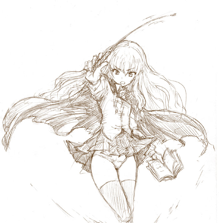 osakana (denpa yun'yun), louise francoise le blanc de la valliere, zero no tsukaima, 00s, monochrome, panties, sketch, solo, thighhighs, underwear, wind, wind lift