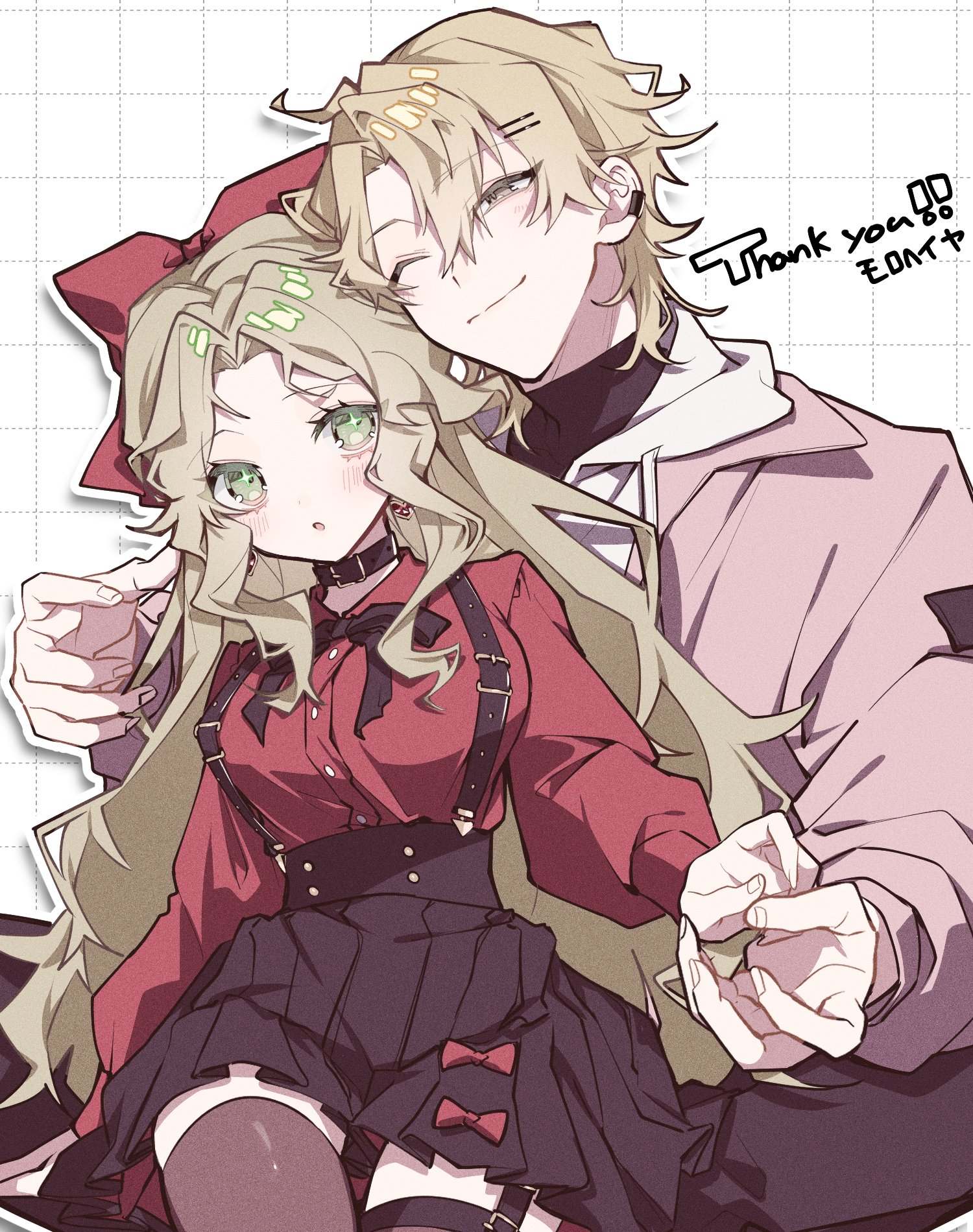original, commission, highres, skeb commission, 1boy, 1girl, black skirt, blonde hair, blush, bow, closed mouth, collar, green eyes, hair bow, hetero, holding hands, hood, hoodie, jacket, long hair, long sleeves, one eye closed, parted bangs, red bow, red shirt, shirt, short hair, skirt, smile, suspender skirt, suspenders, thank you, tznb last, white background