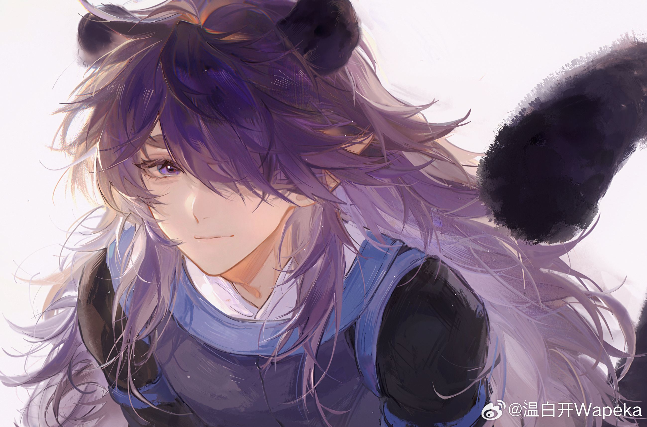 fengxi (the legend of luoxiaohei), luo xiaohei zhanji, highres, 1boy, animal ears, hair over one eye, long hair, looking at viewer, male focus, pointy ears, purple eyes, purple hair, smile, solo, tail, weibo 6632877838