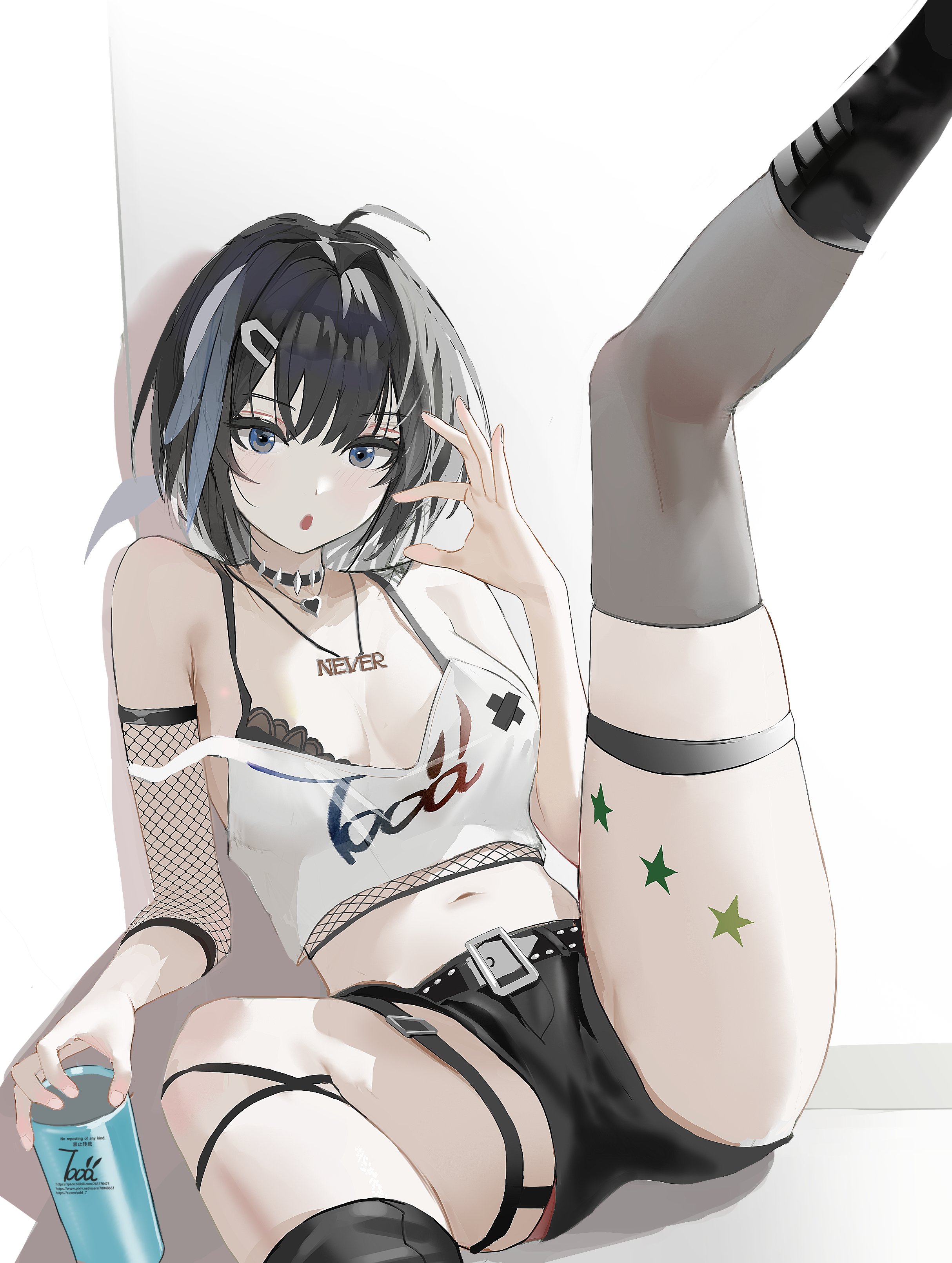 0dd, la pluma (arknights), arknights, absurdres, highres, 1girl, :o, against wall, ahoge, asymmetrical legwear, asymmetrical sleeves, bare shoulders, belt, black belt, black boots, black bra, black choker, black eyes, black hair, black shorts, blush, bob cut, boots, bra, breasts, breasts apart, can, choker, cleavage, clothes writing, collarbone, crop top, detached sleeves, dot nose, drink can, feather hair, feathers, feet out of frame, fishnet sleeves, fishnets, goth fashion, green star, hair between eyes, hair intakes, hair ornament, hairclip, hand up, heart, heart necklace, holding, holding can, indoors, jewelry, leg tattoo, leg up, light blush, looking at viewer, medium breasts, midriff, multicolored eyes, multiple necklaces, navel, necklace, open mouth, parted lips, shadow, short hair, short shorts, shorts, sidelocks, signature, single bare arm, single fishnet armwear, single sleeve, single thighhigh, sitting, solo, spread legs, star (symbol), star tattoo, stomach, strap slip, tank top, tattoo, thigh belt, thigh strap, thighhighs, thighs, underwear, watermark, white tank top