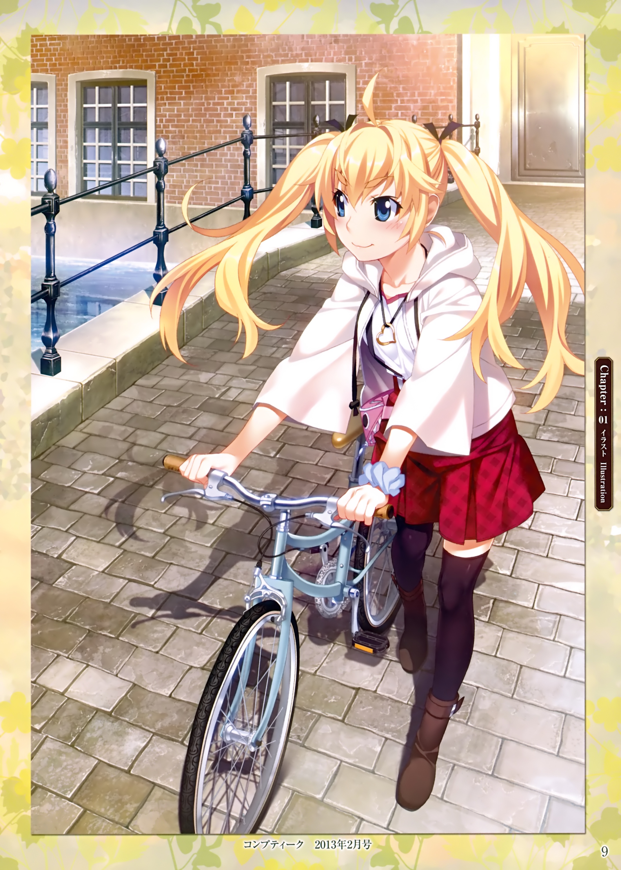 watanabe akio, matsushima michiru, grisaia (series), grisaia no kajitsu, absurdres, highres, official art, scan, third-party source, 1girl, ahoge, animal bag, bicycle, black thighhighs, blonde hair, blue eyes, blue scrunchie, blush, boots, breasts, brick wall, bridge, brown boots, building, closed mouth, collarbone, fanny pack, full body, hair intakes, heart, heart necklace, hood, hood down, hooded jacket, jacket, jewelry, long hair, long sleeves, medium breasts, necklace, open clothes, open jacket, outdoors, pavement, pink bag, pleated skirt, pushing bicycle, railing, red skirt, river, scenery, scrunchie, shadow, shark bag, shirt, skirt, smile, solo, thighhighs, twintails, walking, white jacket, white shirt, window, wrist scrunchie