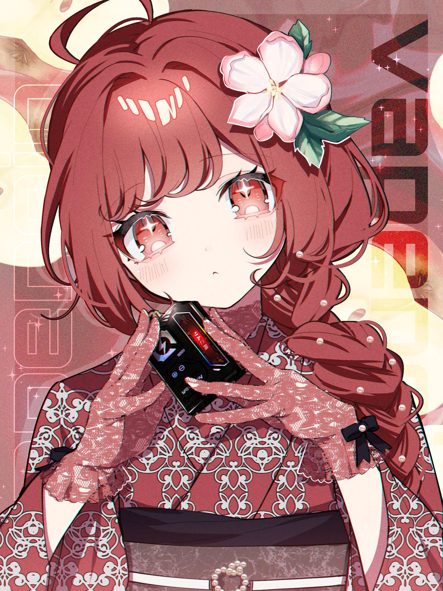arima kana, original, highres, 1girl, blush, braid, closed mouth, floral print, flower, gloves, guest art, hair flower, hair ornament, holding, japanese clothes, kimono, lace, lace gloves, long hair, looking at viewer, pink flower, red eyes, red hair, red kimono, solo, tznb last, upper body, vapengin