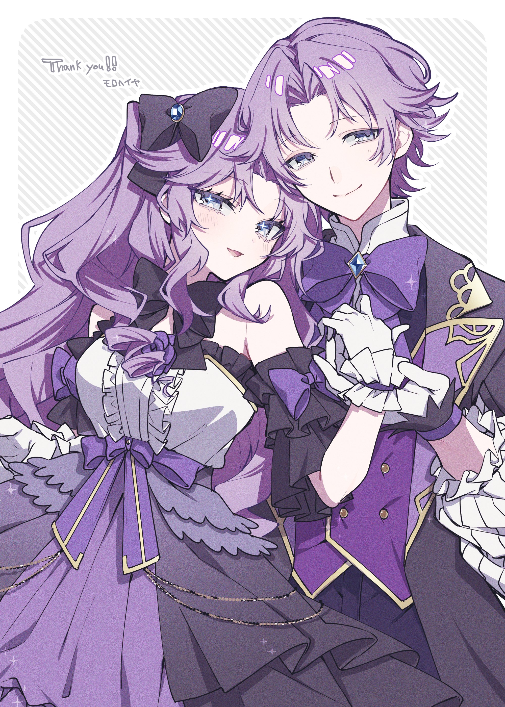 original, absurdres, commission, highres, skeb commission, 1boy, 1girl, bare shoulders, black bow, black jacket, blue eyes, bow, bowtie, brother and sister, center frills, detached sleeves, dress, frills, gloves, hair bow, holding hands, jacket, long hair, looking at viewer, purple bow, purple bowtie, purple eyes, purple hair, purple vest, short hair, siblings, smile, tznb last, vest, white gloves