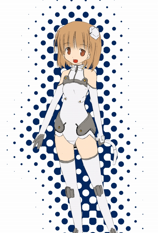 akane souichi, sakurano otoha, sky girls, pilot suit, 00s, 1girl, :d, bare shoulders, boots, breasts, brown eyes, brown hair, elbow gloves, female focus, flat color, gloves, halftone, halterneck, headgear, leotard, looking at viewer, mecha pilot suit, motion slit, motionslit, open mouth, outline, short hair, small breasts, smile, solo, standing, thigh boots, thighhighs, turtleneck, white boots, white thighhighs