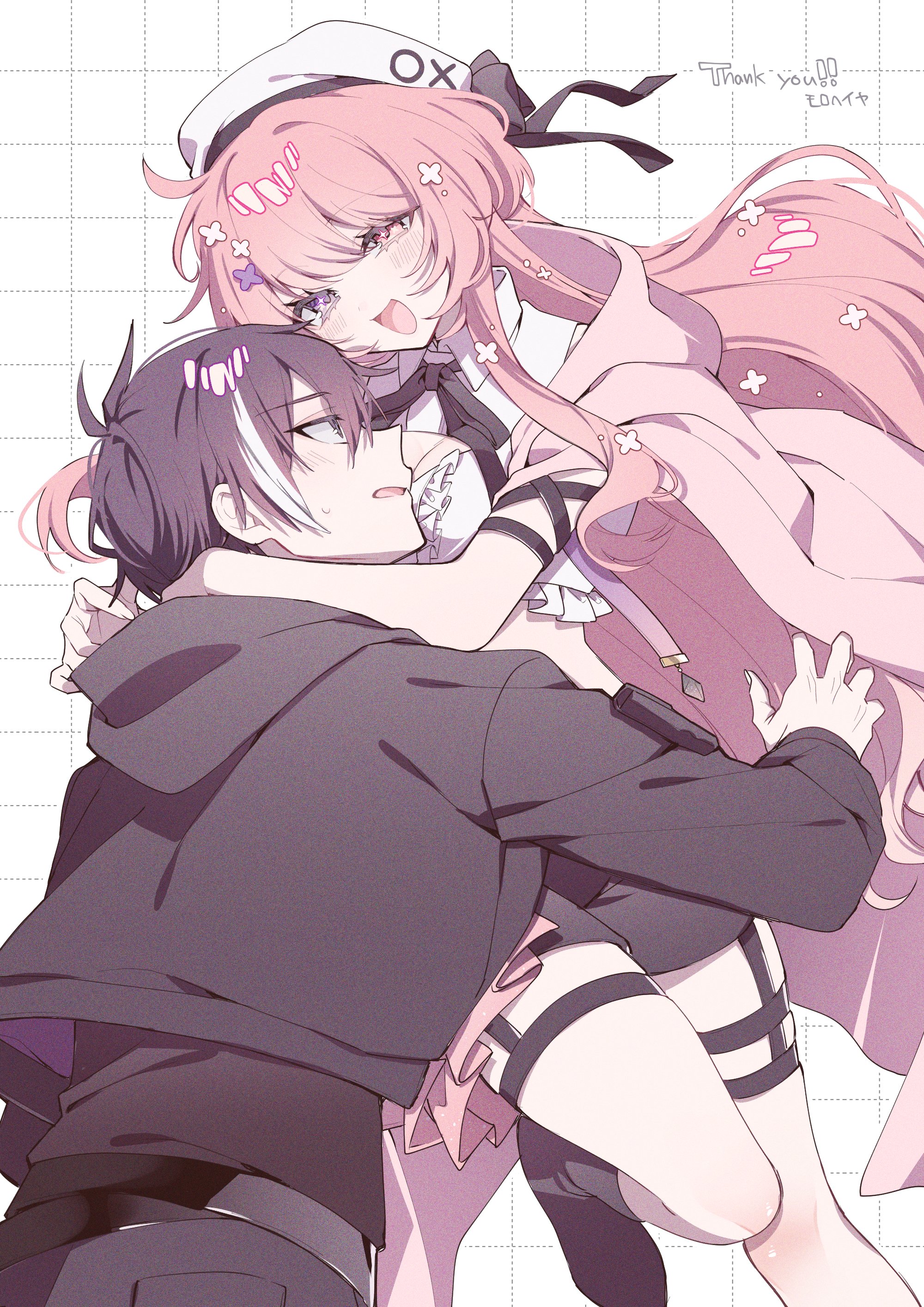 original, absurdres, commission, highres, skeb commission, 1boy, 1girl, black hair, black jacket, black shorts, blush, breasts, cleavage, cleavage cutout, clothing cutout, hair ornament, heterochromia, hood, hood down, hug, jacket, long hair, long sleeves, looking at another, multicolored hair, open mouth, pink eyes, pink hair, purple eyes, shirt, short hair, shorts, smile, star (symbol), streaked hair, sweatdrop, thigh strap, tznb last, very long hair, virtual youtuber, white hair, white shirt
