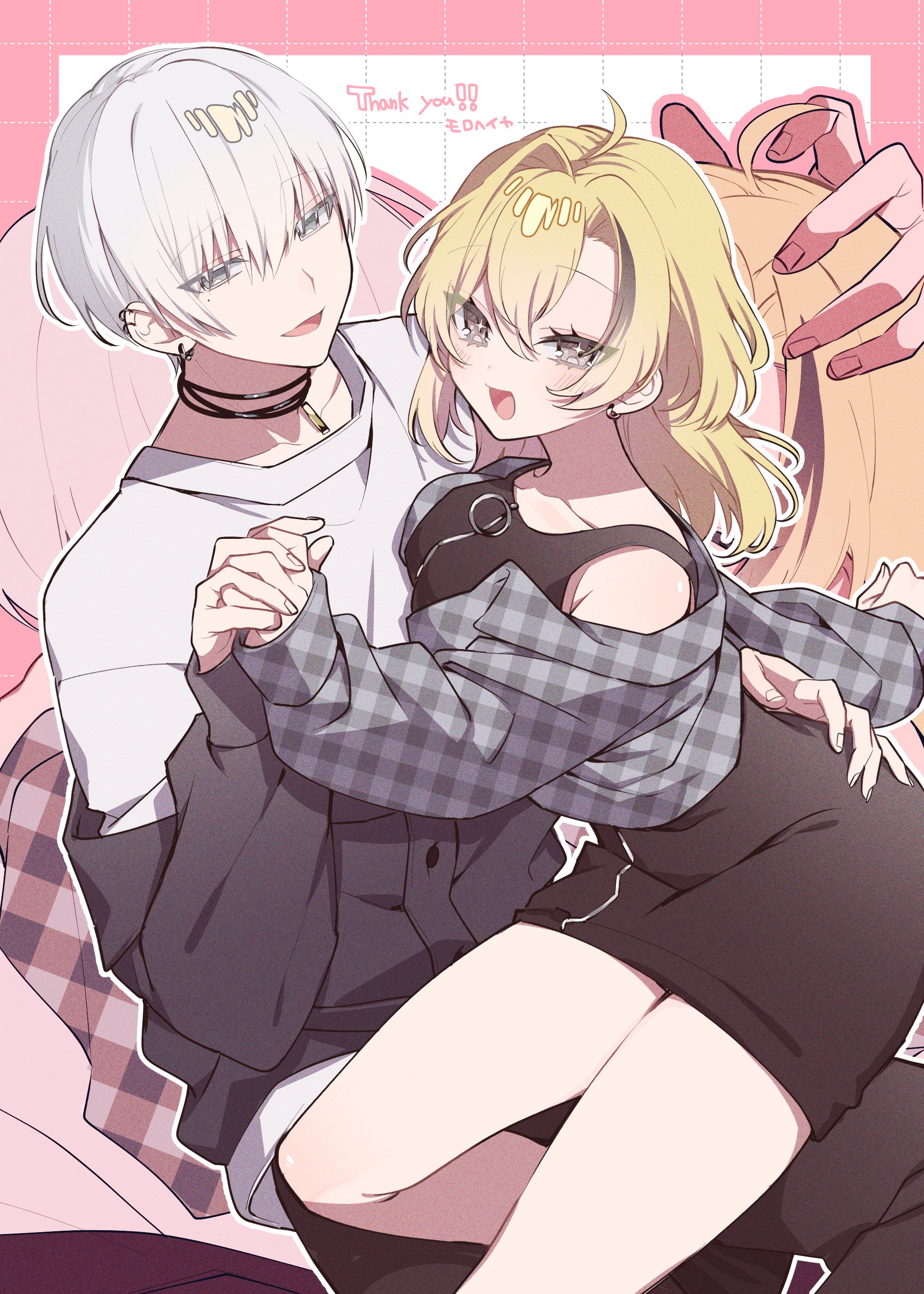 original, absurdres, commission, highres, skeb commission, 1boy, 1girl, black dress, blonde hair, dress, genderswap, genderswap (mtf), grey eyes, hetero, holding hands, jacket, jewelry, looking at viewer, multicolored hair, open mouth, shirt, short hair, sleeveless, sleeveless dress, smile, tznb last, white hair, white shirt