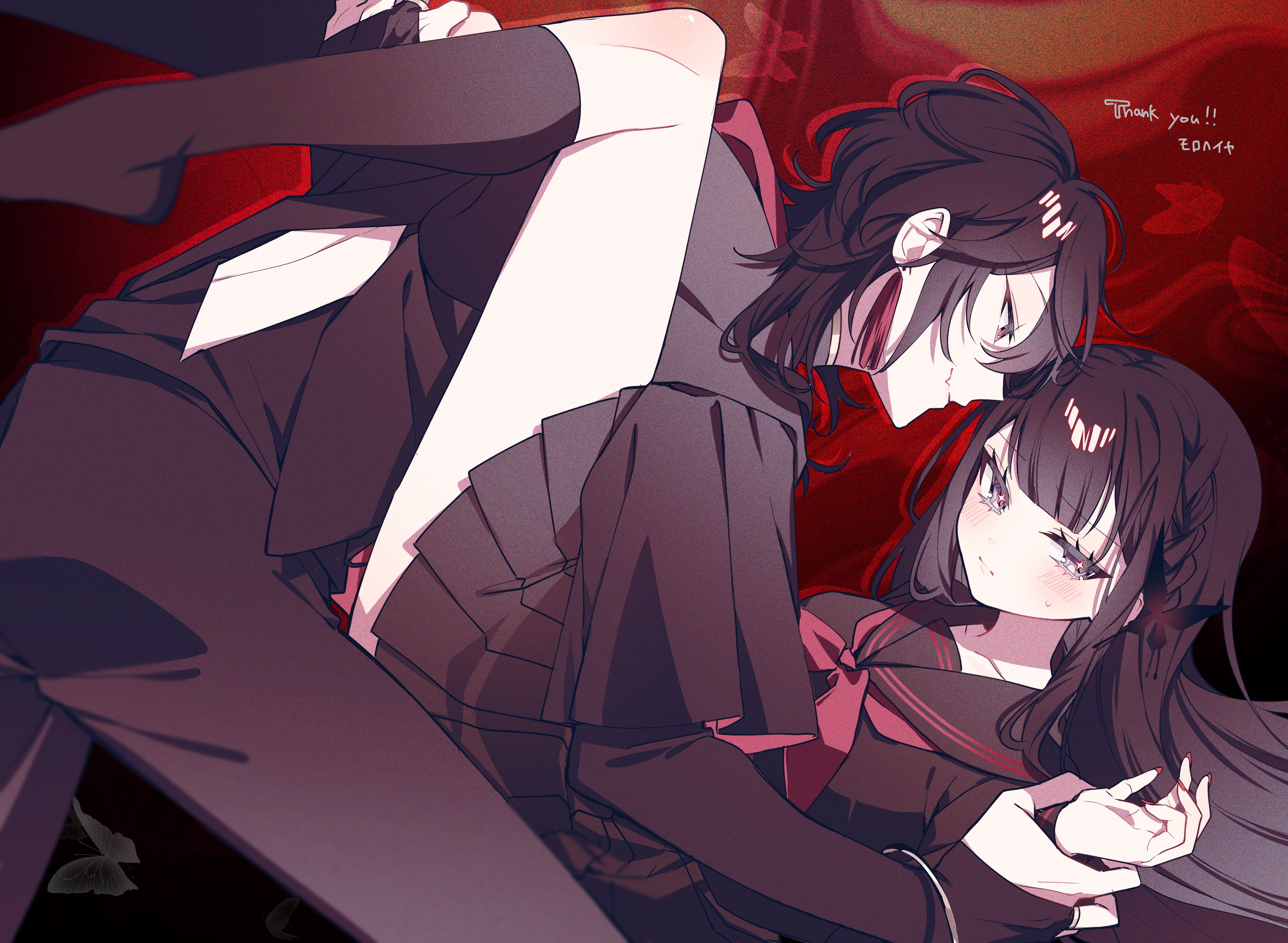original, absurdres, commission, highres, skeb commission, 1boy, 1girl, black hair, black serafuku, black shirt, black skirt, blush, closed mouth, earrings, hetero, holding another's wrist, jewelry, kneehighs, long hair, looking at another, looking at viewer, medium hair, neckerchief, pleated skirt, red background, red eyes, red neckerchief, school uniform, serafuku, shirt, skirt, smile, socks, sweatdrop, tassel, tassel earrings, tznb last