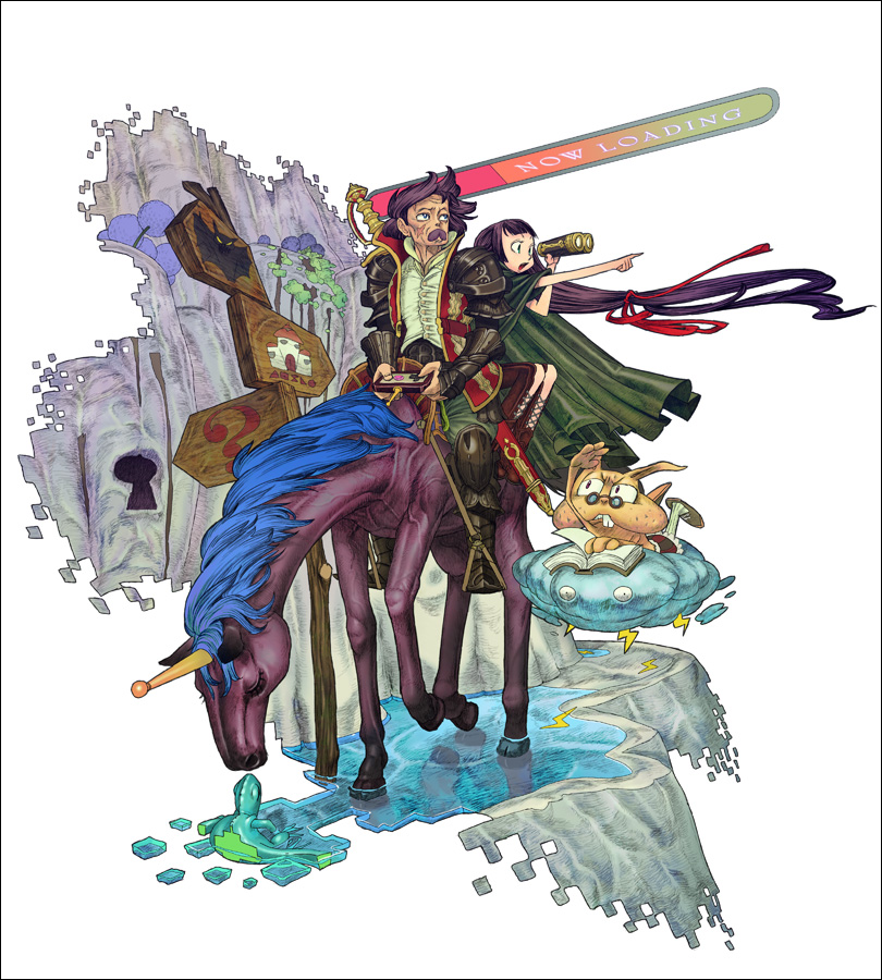 saitou naoki, original, 1boy, 1girl, :d, black hair, breasts, cape, creature, facial hair, fantasy, faux figurine, full body, horns, horseback riding, long hair, mustache, open mouth, puddle, riding, single horn, smile, straddling, unicorn, upright straddle, water