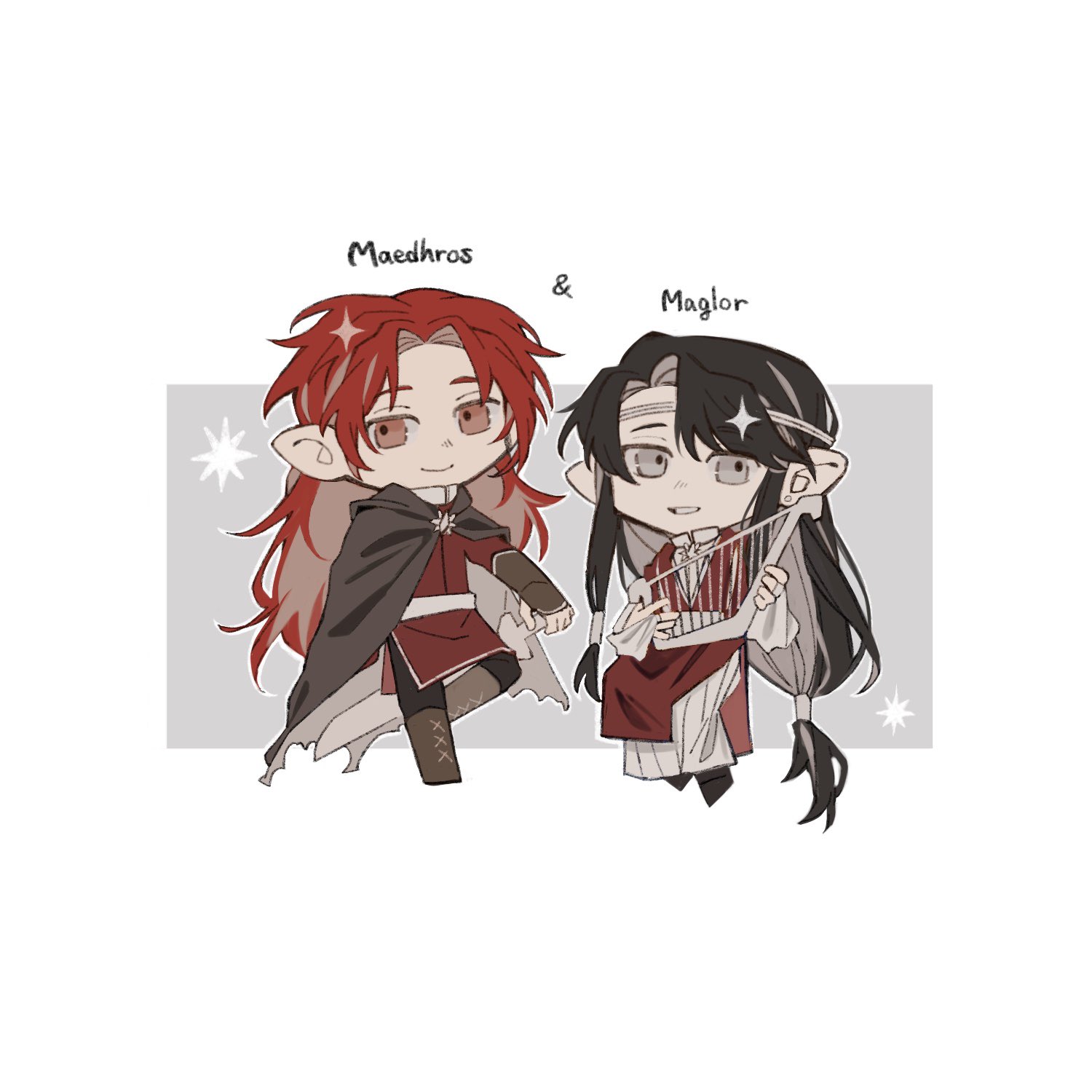 xiaoron, maedhros, maglor, the silmarillion, tolkien's legendarium, 2boys, black hair, character name, chibi, circlet, cloak, closed mouth, earrings, elf, full body, grey eyes, harp, holding, holding harp, holding instrument, hood, instrument, jewelry, looking at viewer, male focus, multiple boys, pointy ears, red eyes, red hair, robe, smile, sword, weapon