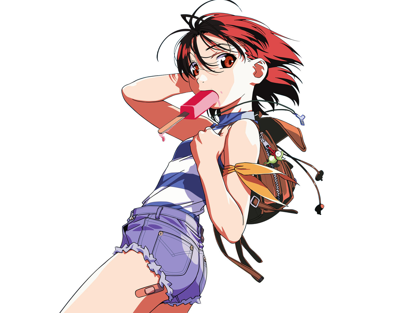 watanabe akio, midou madoka, yamamoto youko, soreyuke! uchuu senkan yamamoto youko, highres, 1990s (style), 1girl, backpack, bag, bandaid, blouse, cowboy shot, denim, denim shorts, female focus, food, jewelry, necklace, popsicle, randoseru, retro artstyle, shirt, shirt tucked in, short shorts, shorts, simple background, sleeveless, sleeveless shirt, solo, striped clothes, striped shirt, white background