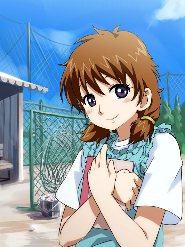 michael f91, shinooka chiyo, ookiku furikabutte, 00s, 1girl, ball, bench, blue sky, blush, brown hair, bucket, chain-link fence, closed mouth, cloud, crossed arms, day, female focus, fence, low twintails, purple eyes, shirt, short hair, short sleeves, short twintails, sky, smile, solo, tennis ball, twintails, upper body, white shirt
