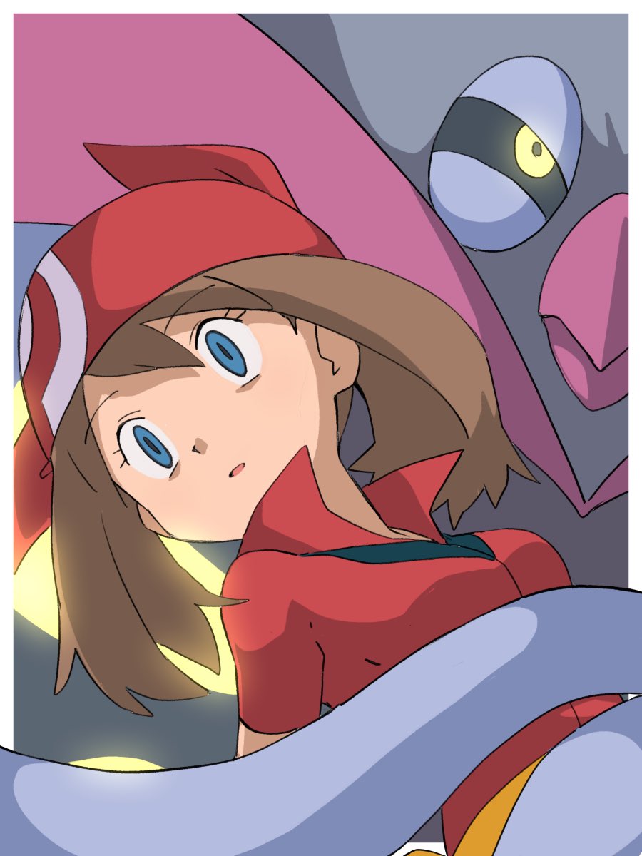 hitsugi mc, malamar, may (pokemon), nintendo, pokemon, pokemon (anime), pokemon rse (anime), commentary request, highres, 1girl, bandana, blue eyes, border, brown hair, collared shirt, empty eyes, eyelashes, gen 6 pokemon, medium hair, mind control, open mouth, outside border, pokemon (creature), popped collar, red bandana, red shirt, shirt, short sleeves, white border