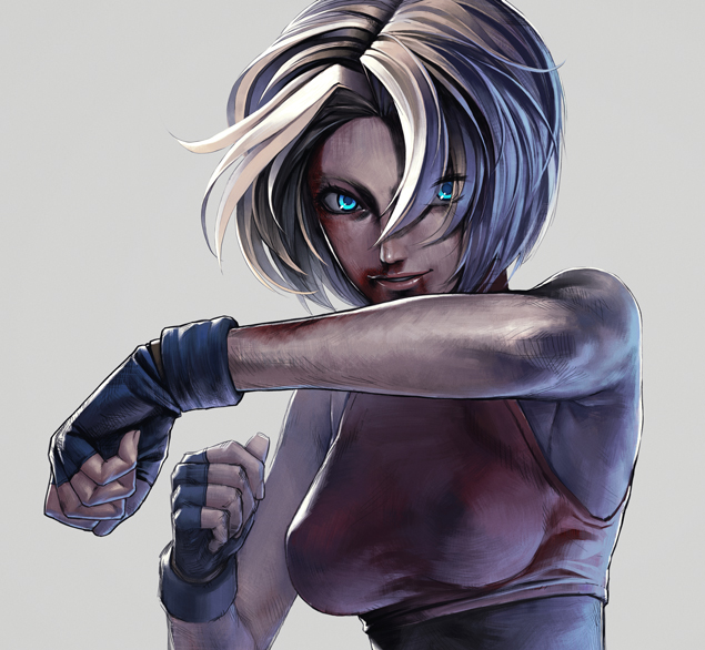 iwai ryou, blue mary, fatal fury, snk, the king of fighters, 1girl, battle, blonde hair, blood, blood on face, blue eyes, female focus, gloves, glowing, glowing eyes, halterneck, midriff, short hair, simple background, solo