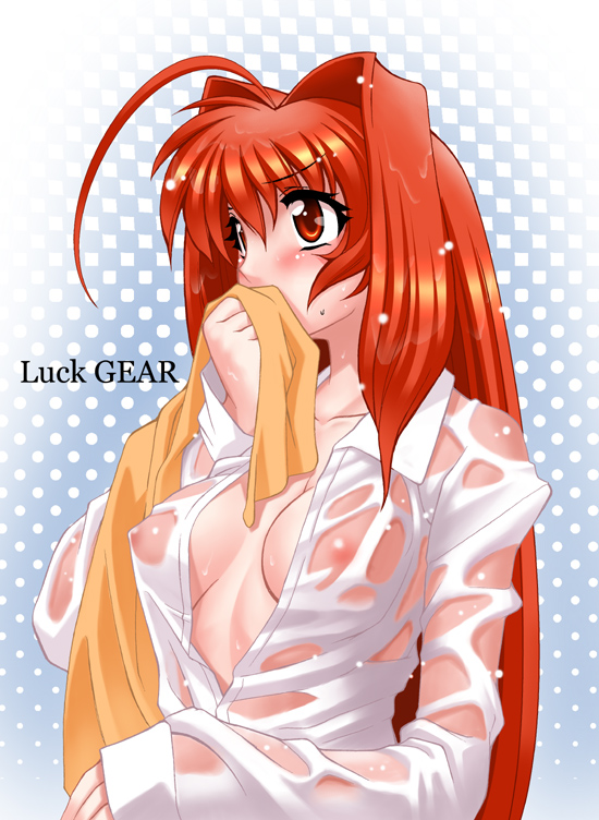 sakura ryuken, sakura ryuuken, kagami sumika, muv-luv, 1girl, ahoge, blush, breasts, covered erect nipples, dress shirt, female focus, long hair, no bra, open clothes, open shirt, red eyes, red hair, see-through clothes, shirt, solo, towel, very long hair, wet, wet clothes, wet shirt