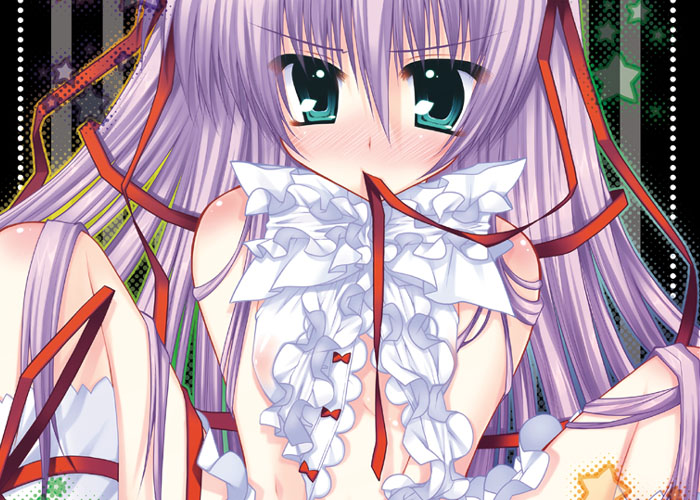araiguma, al azif (demonbane), demonbane, eyebrows, 00s, 1girl, bare shoulders, female focus, frills, green eyes, knees up, long hair, looking at viewer, mouth hold, pink hair, red ribbon, ribbon, sitting, solo, spread legs, tareme, very long hair