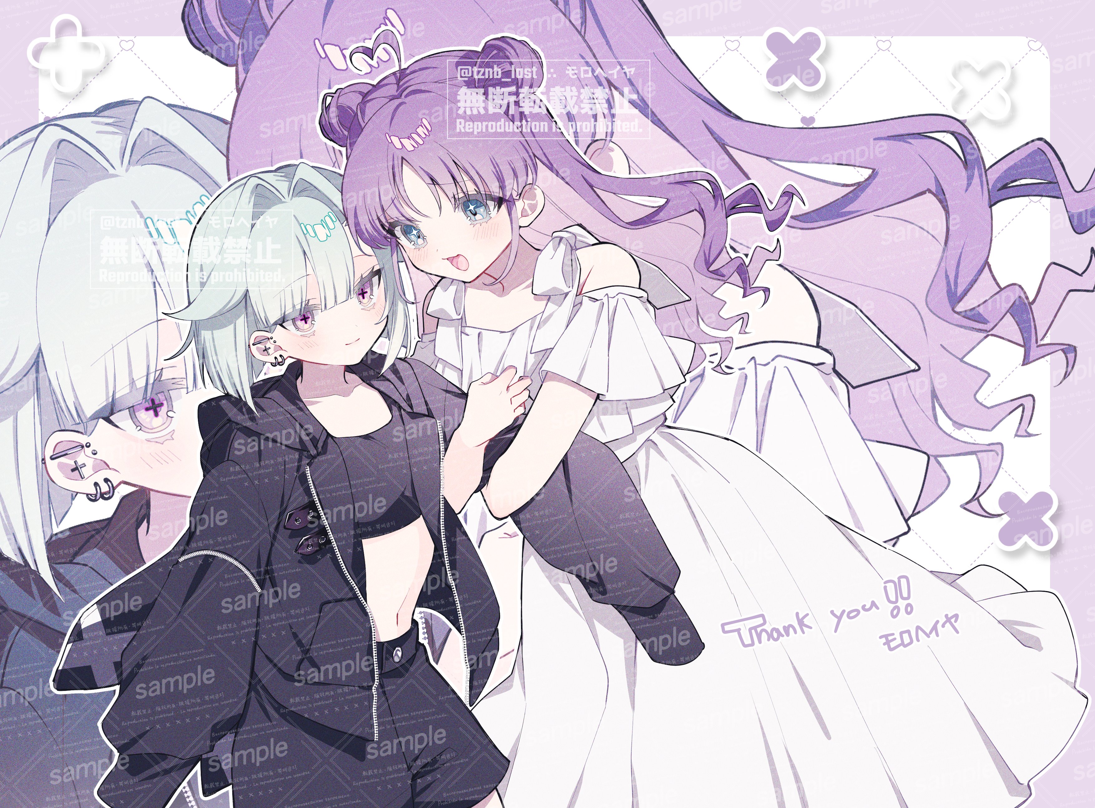 original, absurdres, commission, highres, skeb commission, 2girls, ahoge, black jacket, black shorts, blue eyes, blush, closed mouth, double bun, dress, ear piercing, earrings, green hair, hair bun, heart, heart ahoge, hood, jacket, jewelry, long hair, midriff, multiple girls, navel, open clothes, open mouth, piercing, purple eyes, purple hair, sample watermark, short hair, shorts, sleeves past fingers, sleeves past wrists, smile, tznb last, watermark, white dress, zoom layer