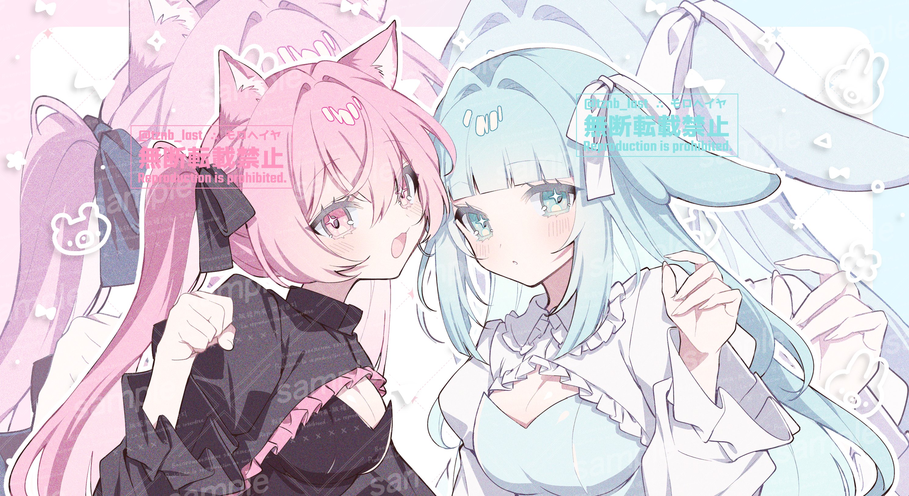 original, commission, highres, skeb commission, 2girls, animal ear fluff, animal ears, black dress, blue dress, blue eyes, blue hair, blunt bangs, blush, bow, breasts, cat ears, cleavage, cleavage cutout, closed mouth, clothing cutout, dress, frills, hair bow, hair intakes, hair ribbon, long hair, long sleeves, looking at viewer, medium breasts, multiple girls, open mouth, pink eyes, pink hair, ribbon, sample watermark, shrug (clothing), smile, tznb last, upper body, watermark, white ribbon