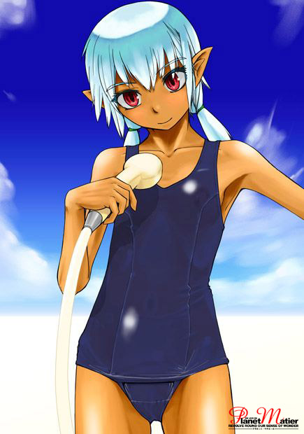 yamamoto canponi, original, armpits, flat chest, one-piece swimsuit, pointy ears, school swimsuit, showering, solo, swimsuit