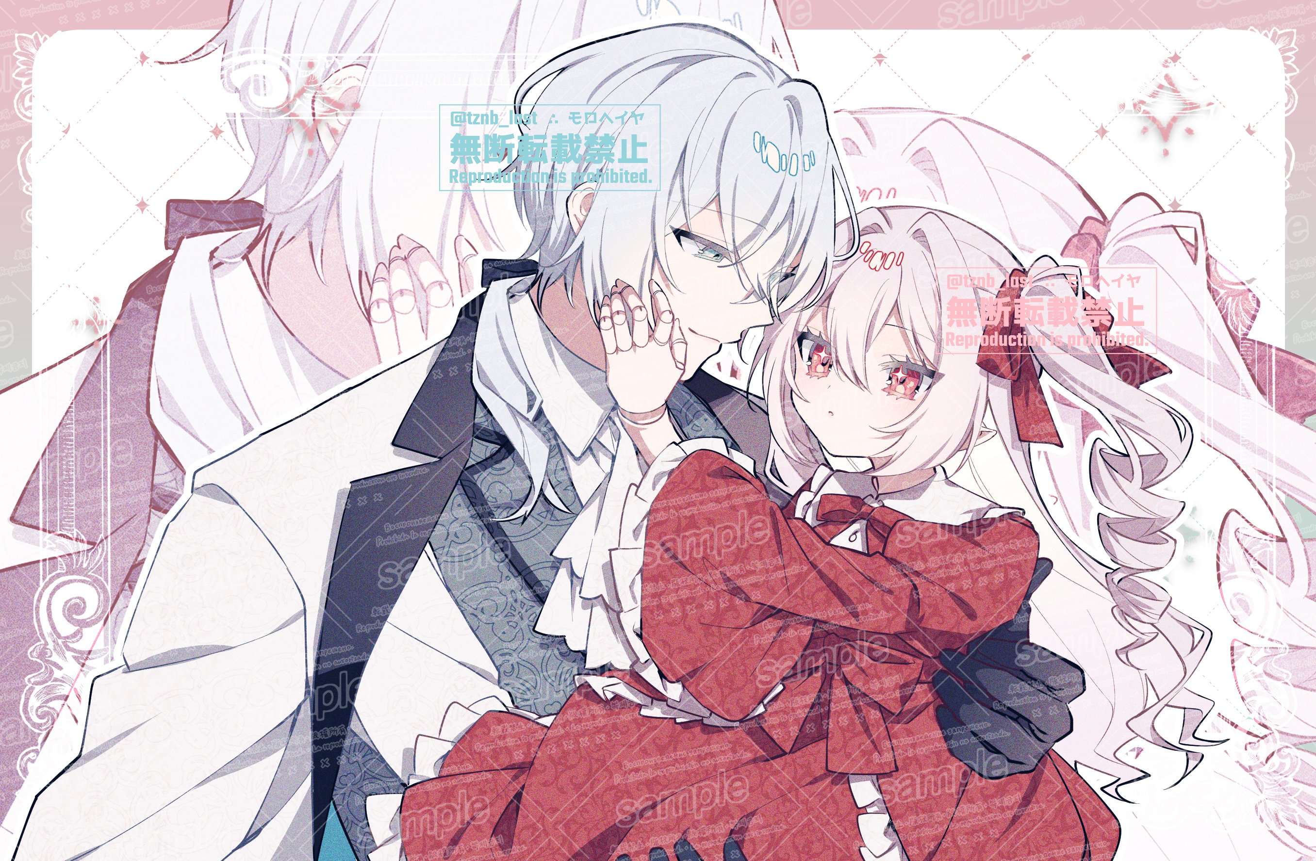 original, commission, highres, skeb commission, 1boy, 1girl, ascot, black gloves, bow, carrying, child carry, closed mouth, collared shirt, doll joints, dress, frilled sleeves, frills, gloves, grey vest, hair between eyes, hair intakes, jacket, joints, long hair, long sleeves, looking at another, low ponytail, pink hair, ponytail, red bow, red dress, red eyes, ribbon, shirt, smile, tznb last, vest, watermark, white ascot, white hair, white jacket, white shirt, zoom layer