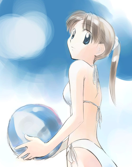 ikeda jun (mizutamari), original, 1girl, ball, beachball, bikini, blue eyes, brown hair, female focus, solo, swimsuit