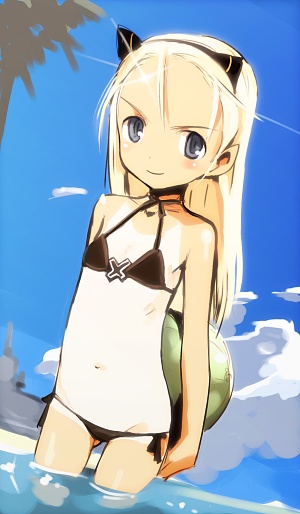 shimada fumikane, elise von dietrich, original, sky girls, 00s, 1girl, bikini, black bikini, blonde hair, blue eyes, day, female focus, food, fruit, holding, holding food, holding fruit, holding watermelon, long hair, lowleg, lowleg bikini, one-piece tan, side-tie bikini bottom, solo, swimsuit, tan, tanline, thigh gap, watermelon