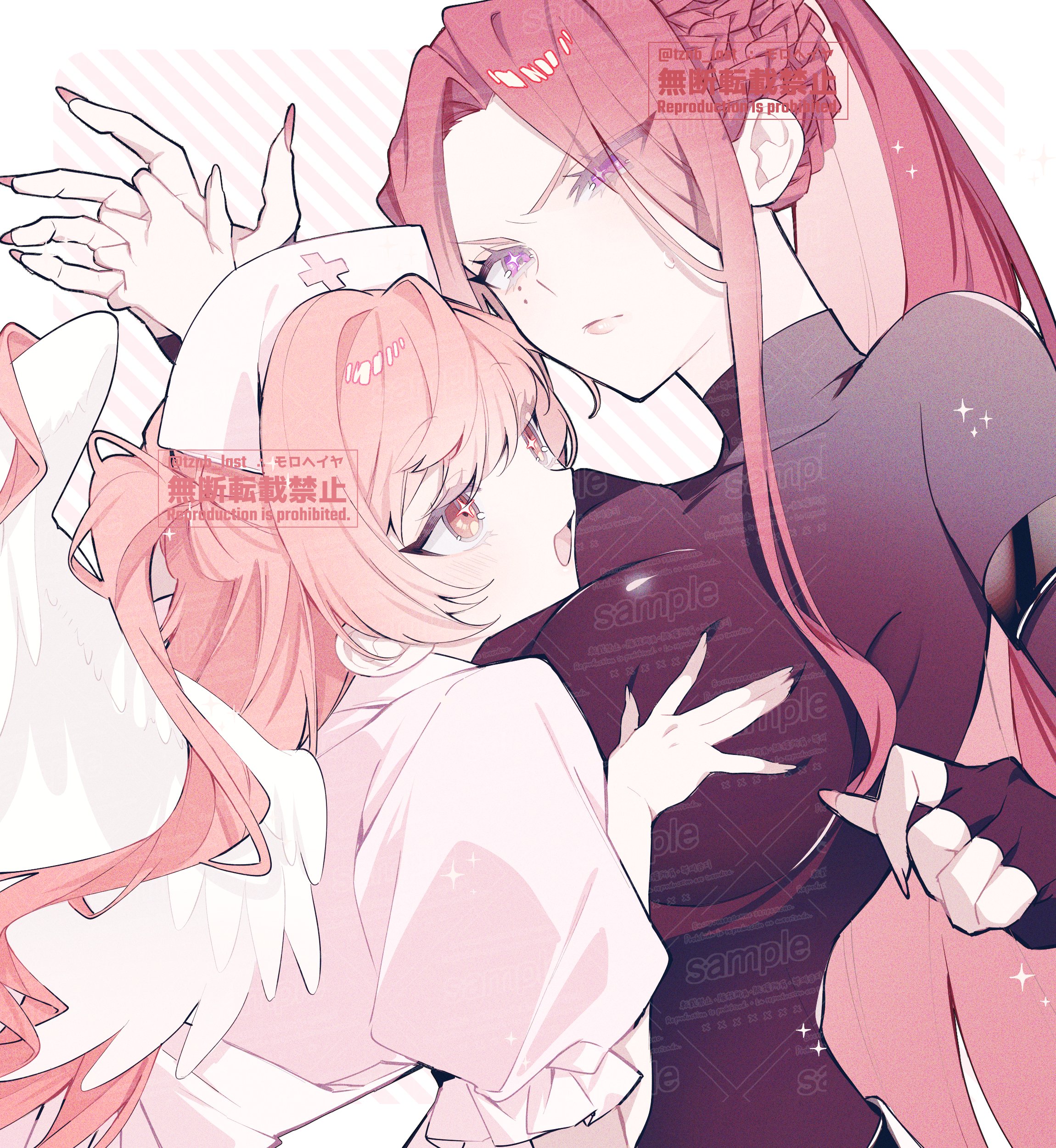 original, absurdres, commission, highres, skeb commission, 2girls, angel wings, black bodysuit, black nails, bodysuit, braid, breasts, dress, fingerless gloves, fingernails, gloves, grabbing another's breast, groping, hat, large breasts, long fingernails, long hair, looking at another, mole, mole under eye, multiple girls, nurse, nurse cap, open mouth, pink dress, pink eyes, pink hair, pink nails, ponytail, puffy short sleeves, puffy sleeves, purple eyes, sample watermark, short sleeves, sidelocks, sweatdrop, tznb last, watermark, wings, yuri