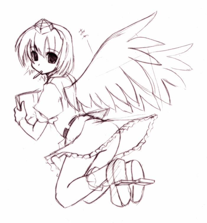 seo tatsuya, shameimaru aya, touhou, 1girl, female focus, geta, hat, looking at viewer, monochrome, purple theme, sketch, solo, tengu-geta