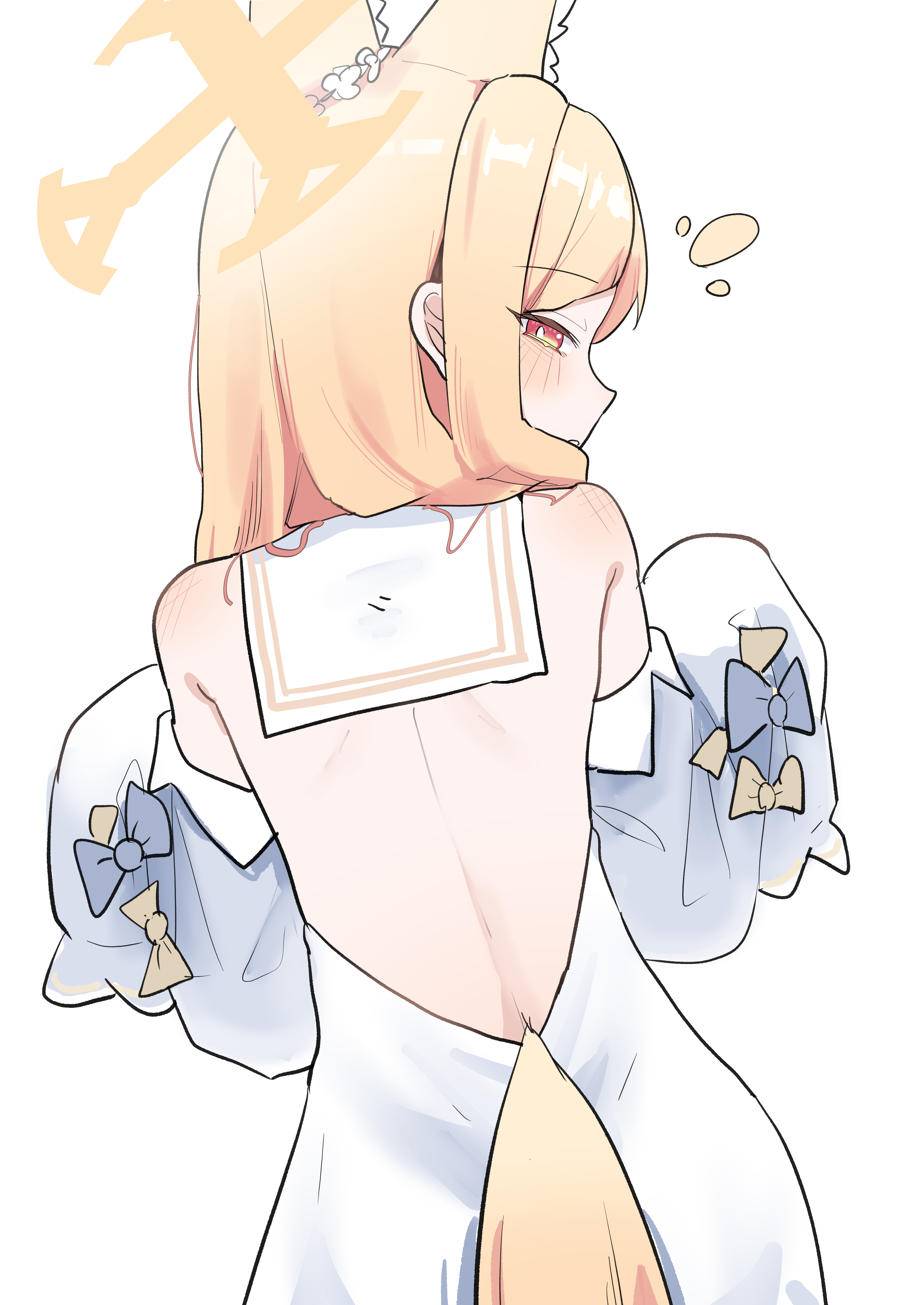 high (hgih), seia (blue archive), blue archive, absurdres, commentary, highres, 1girl, animal ear fluff, animal ears, backless dress, backless outfit, blonde hair, blush, detached sleeves, dress, fox ears, fox girl, fox tail, from behind, hair over shoulder, long hair, looking at viewer, red eyes, sailor collar, simple background, sleeves past fingers, sleeves past wrists, solo, tail, turning head, upper body, white background, white sailor collar