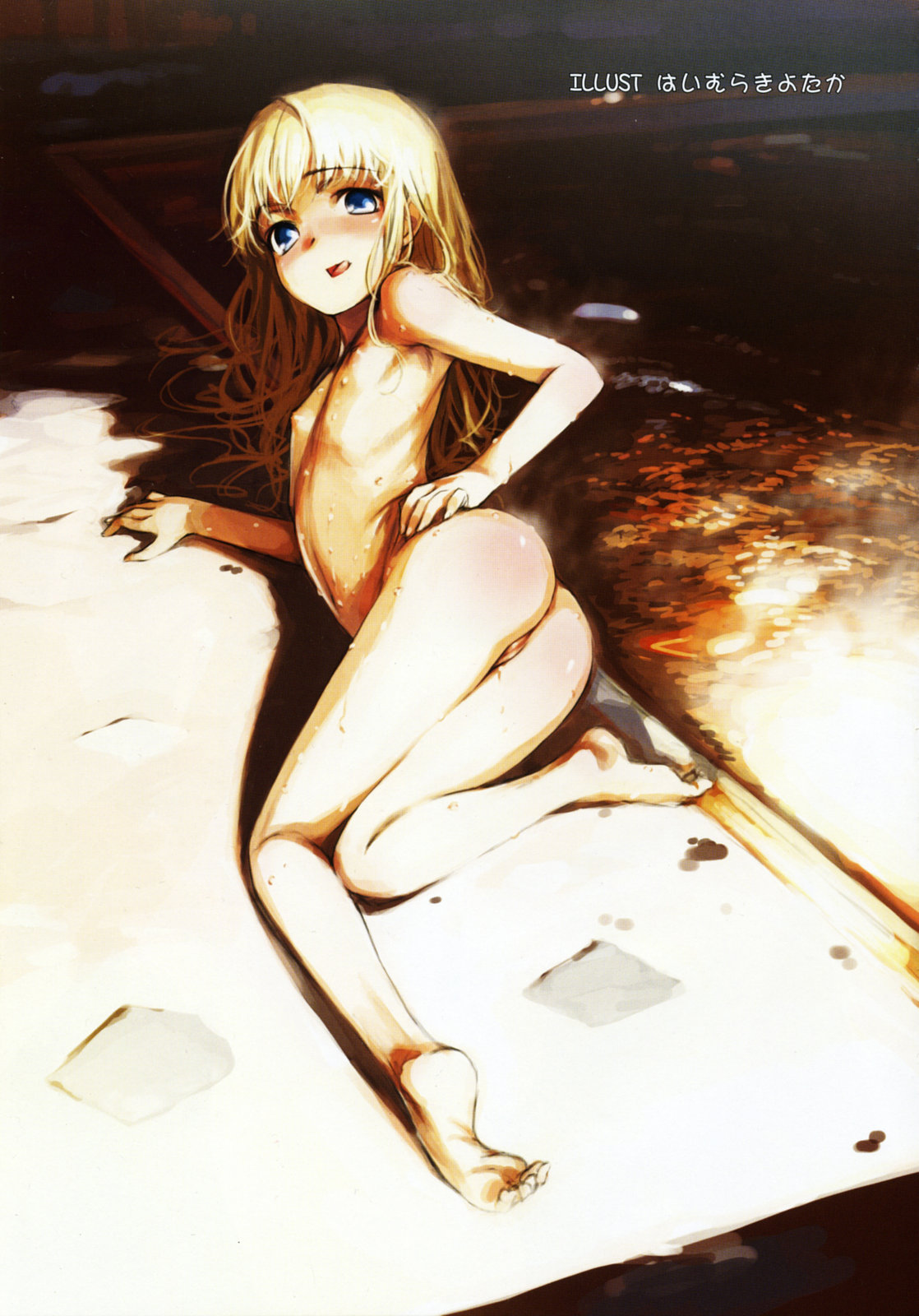 haimura kiyotaka, highres, non-web source, 1girl, ass, barefoot, blonde hair, blue eyes, feet, female focus, flat chest, loli, lying, nipples, nude, pussy, soles, solo, toes, tongue
