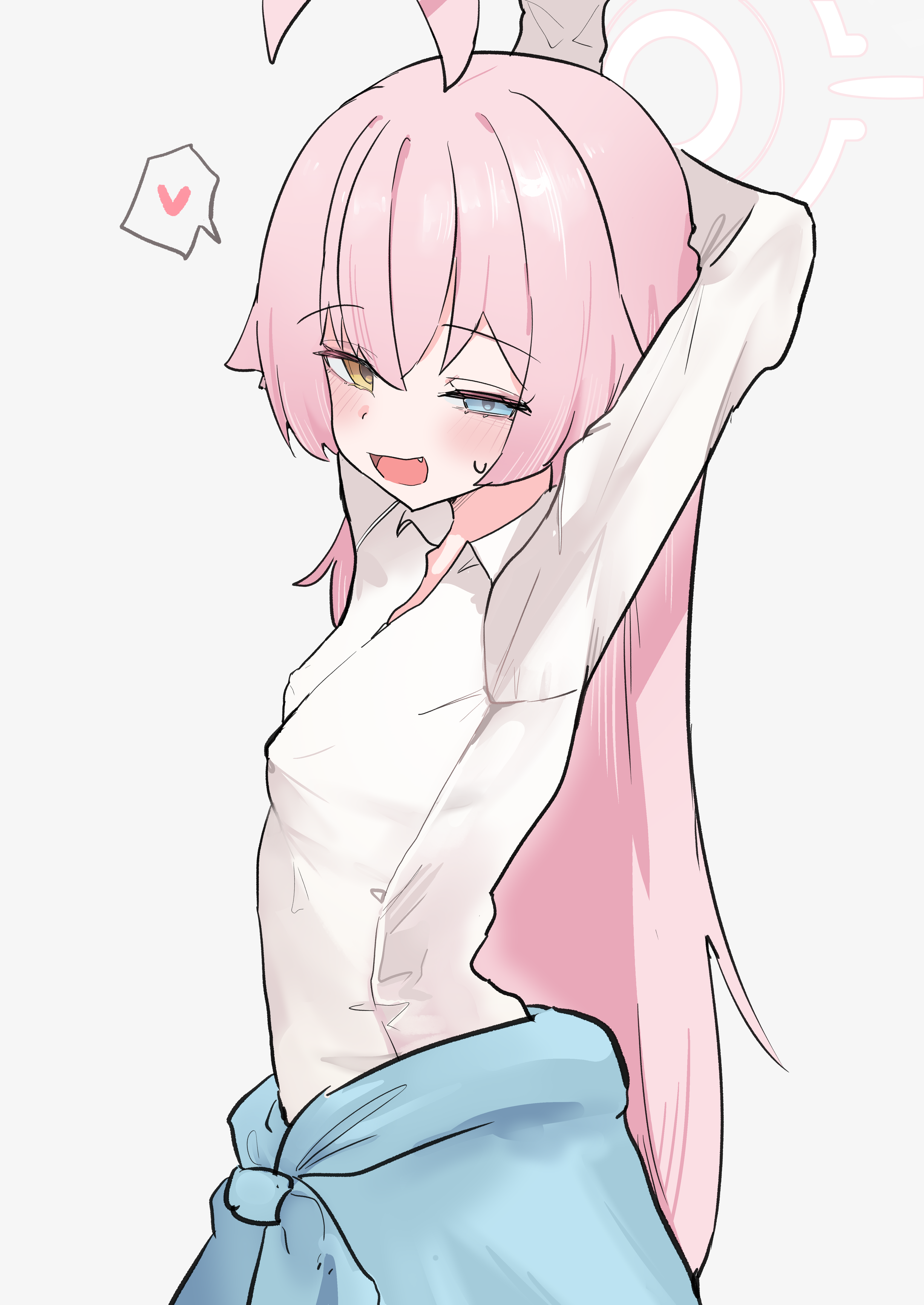 high (hgih), hoshino (blue archive), blue archive, absurdres, commentary, highres, 1girl, :d, ahoge, alternate costume, arms behind head, arms up, blue eyes, blue jacket, blush, breasts, clothes around waist, collared shirt, covered erect nipples, cowboy shot, crossed bangs, dress shirt, from side, grey background, hair between eyes, hair flaps, halo, heart, heterochromia, huge ahoge, jacket, jacket around waist, long hair, looking at viewer, open mouth, orange eyes, pink hair, pink halo, shirt, sidelocks, simple background, small breasts, smile, solo, speech bubble, spoken heart, sweat, turning head, very long hair, white shirt