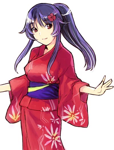 nekomata naomi, 1girl, female focus, japanese clothes, kimono, ponytail, purple hair, smile, solo