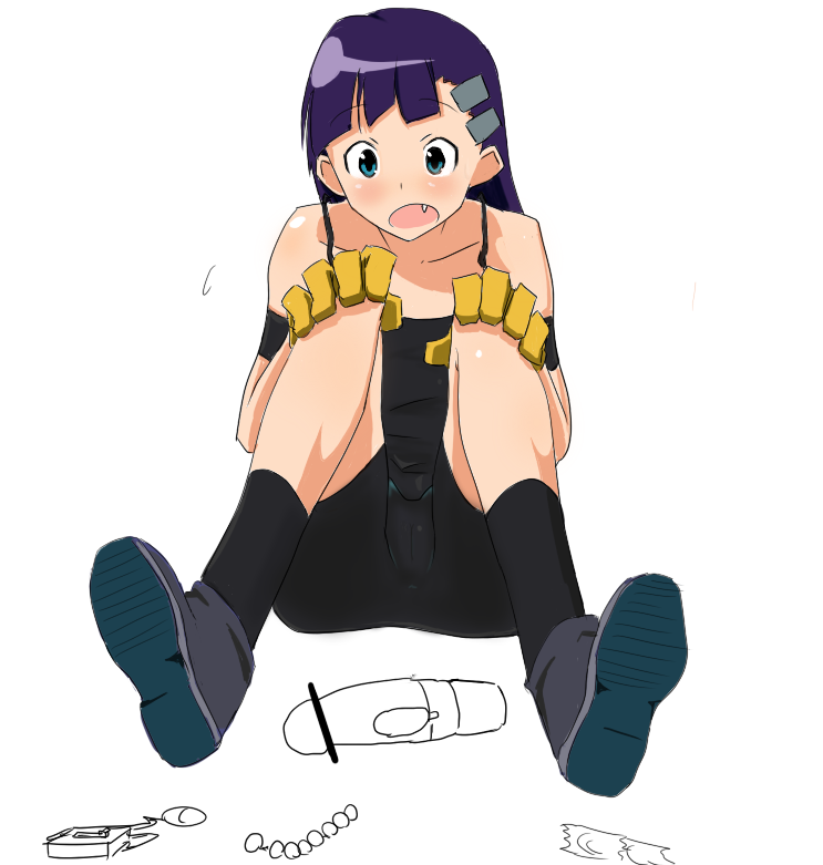 sanu, sanu (soba), kiyal bachika, tengen toppa gurren lagann, 00s, 1girl, anal beads, armband, bar censor, bare shoulders, bike shorts, blush, boots, cameltoe, censored, dildo, fang, female focus, flat chest, gloves, hair ornament, hairclip, long hair, open mouth, pointless censoring, purple hair, sex toy, simple background, sitting, sketch, socks, solo, vibrator