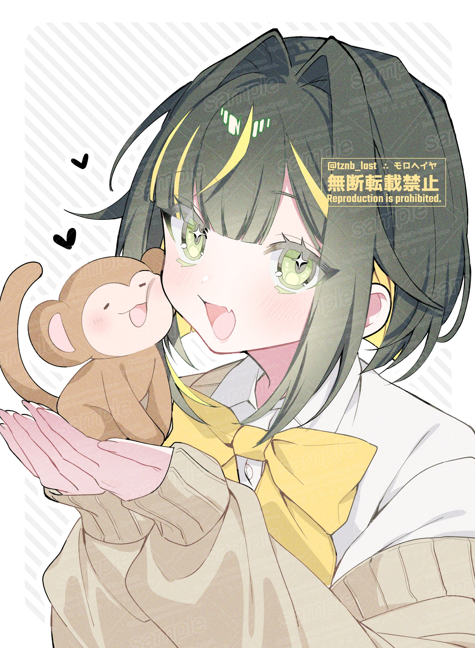 original, commission, highres, skeb commission, 1girl, black hair, bow, bowtie, cardigan, collared shirt, fang, green eyes, green hair, hair intakes, holding, long sleeves, looking at viewer, multicolored hair, open mouth, sample watermark, shirt, short hair, skin fang, smile, streaked hair, tznb last, upper body, watermark, white shirt, yellow bow, yellow bowtie
