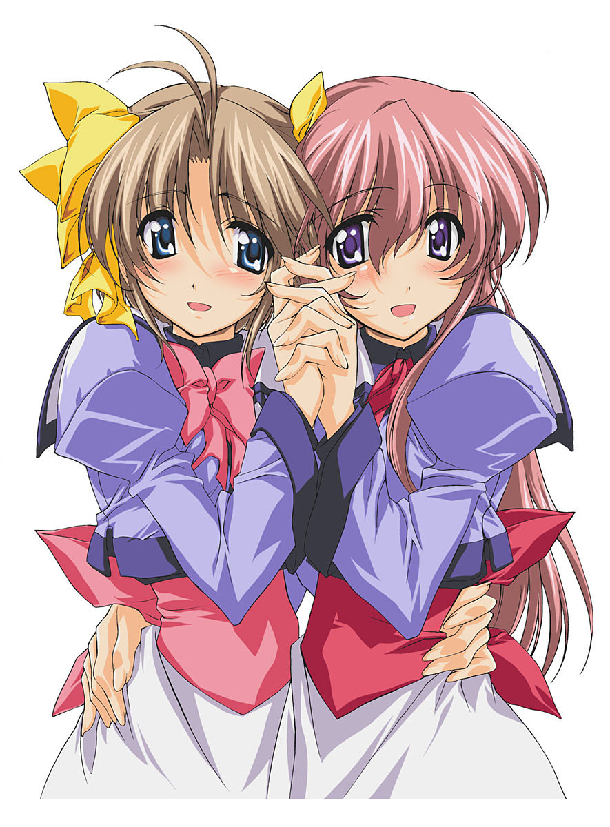 kurashima tomoyasu, hayasaka hiyori, katase yuki, mizuiro, highres, 00s, 2girls, :d, antenna hair, blush, bow, brown eyes, brown hair, cowboy shot, holding, hug, juliet sleeves, long sleeves, looking at viewer, multiple girls, open mouth, pink bow, puffy long sleeves, puffy sleeves, red hair, simple background, smile, white background, yellow bow