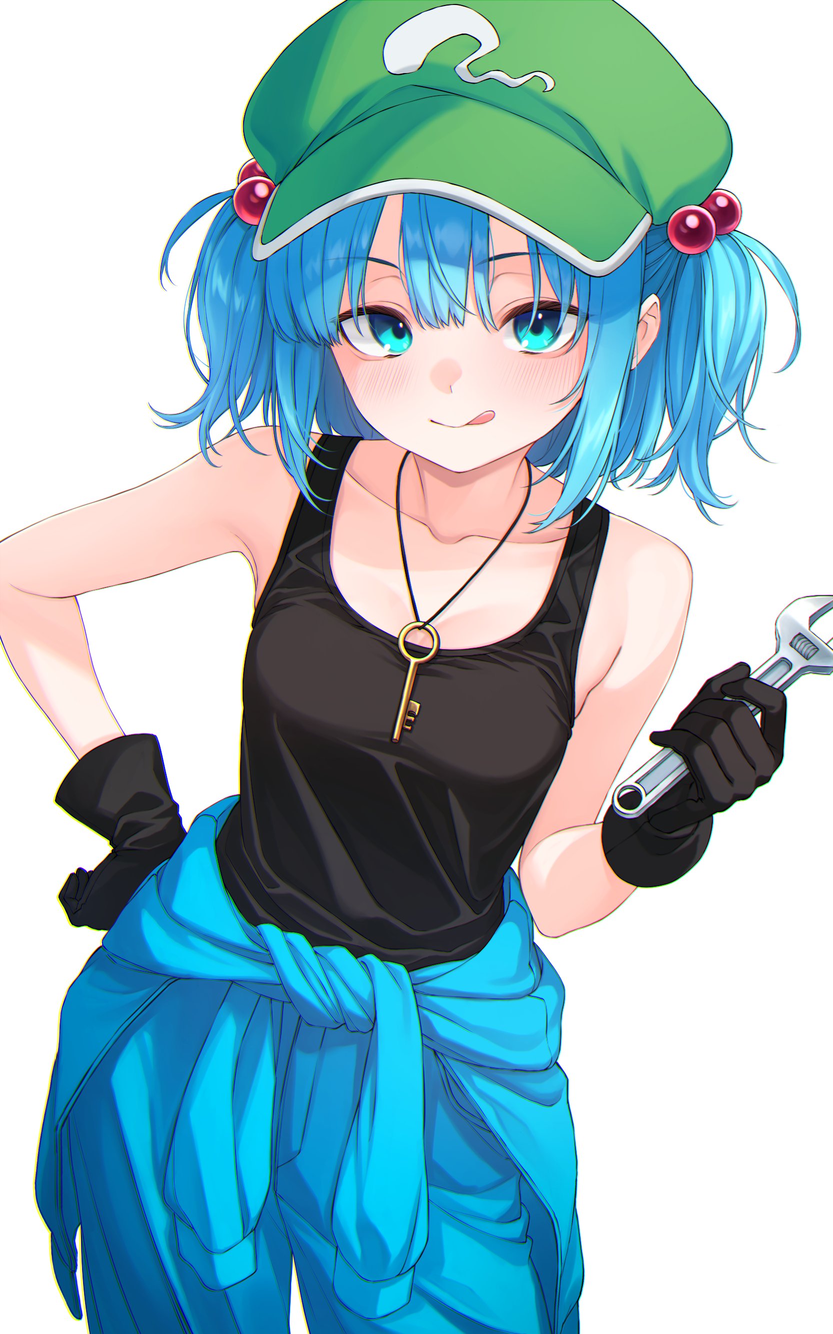 nameko houshi, kawashiro nitori, touhou, absurdres, highres, 1girl, alternate costume, black gloves, black tank top, blue eyes, blue hair, blue pants, blush, breasts, cleavage, closed mouth, clothes around waist, cowboy shot, gloves, green hat, hair bobbles, hair ornament, hat, holding, holding wrench, jewelry, key, key necklace, looking at viewer, medium breasts, necklace, newsboy cap, pants, short hair, simple background, smile, solo, tank top, two side up, white background, wrench