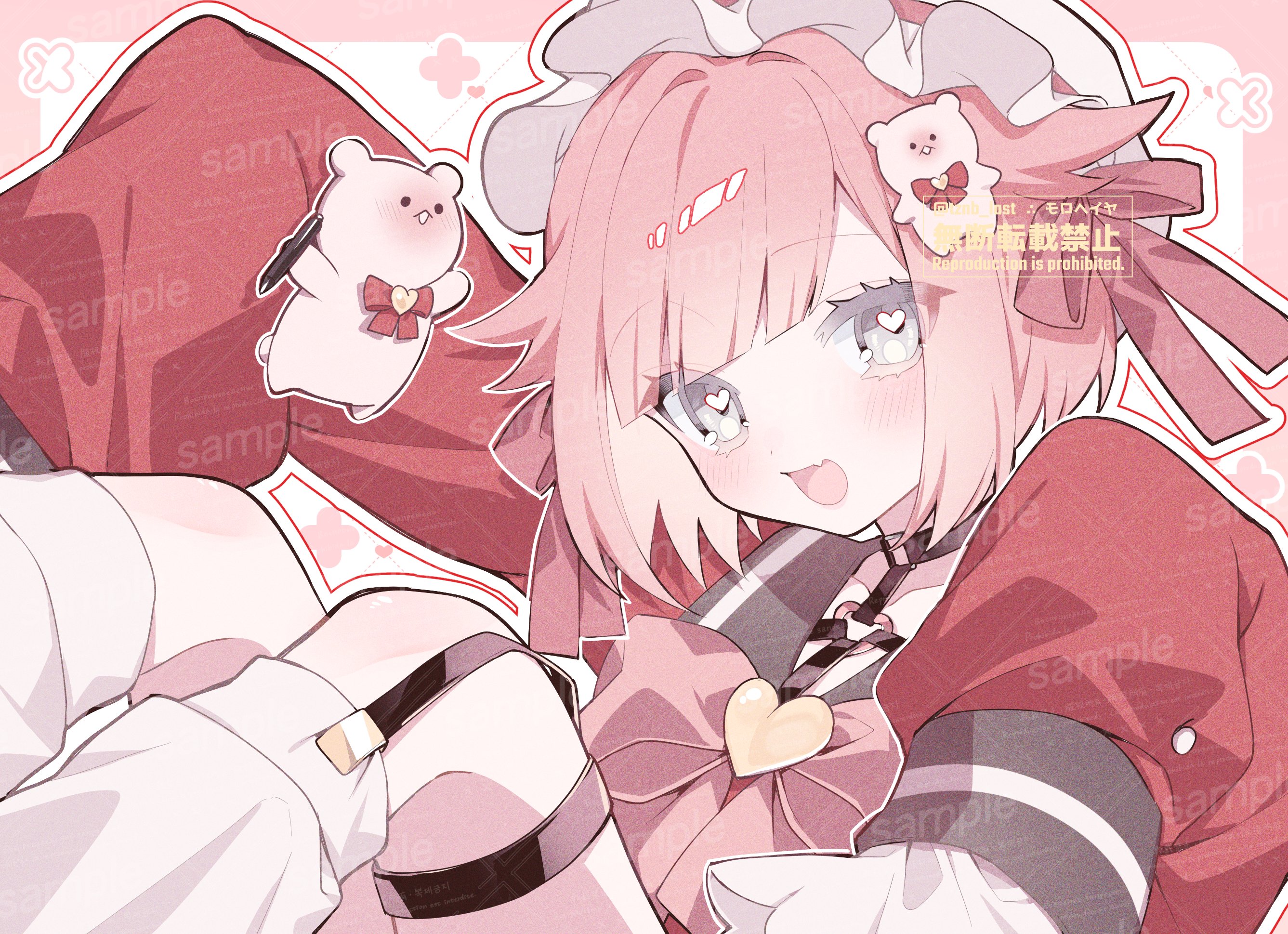 original, commission, highres, skeb commission, 1girl, blush, bow, fang, hat, heart, heart-shaped pupils, long sleeves, looking at viewer, open mouth, pink bow, pink hair, ribbon, sailor collar, shirt, short hair, skin fang, sleeves past fingers, sleeves past wrists, smile, solo, symbol-shaped pupils, tznb last, watermark