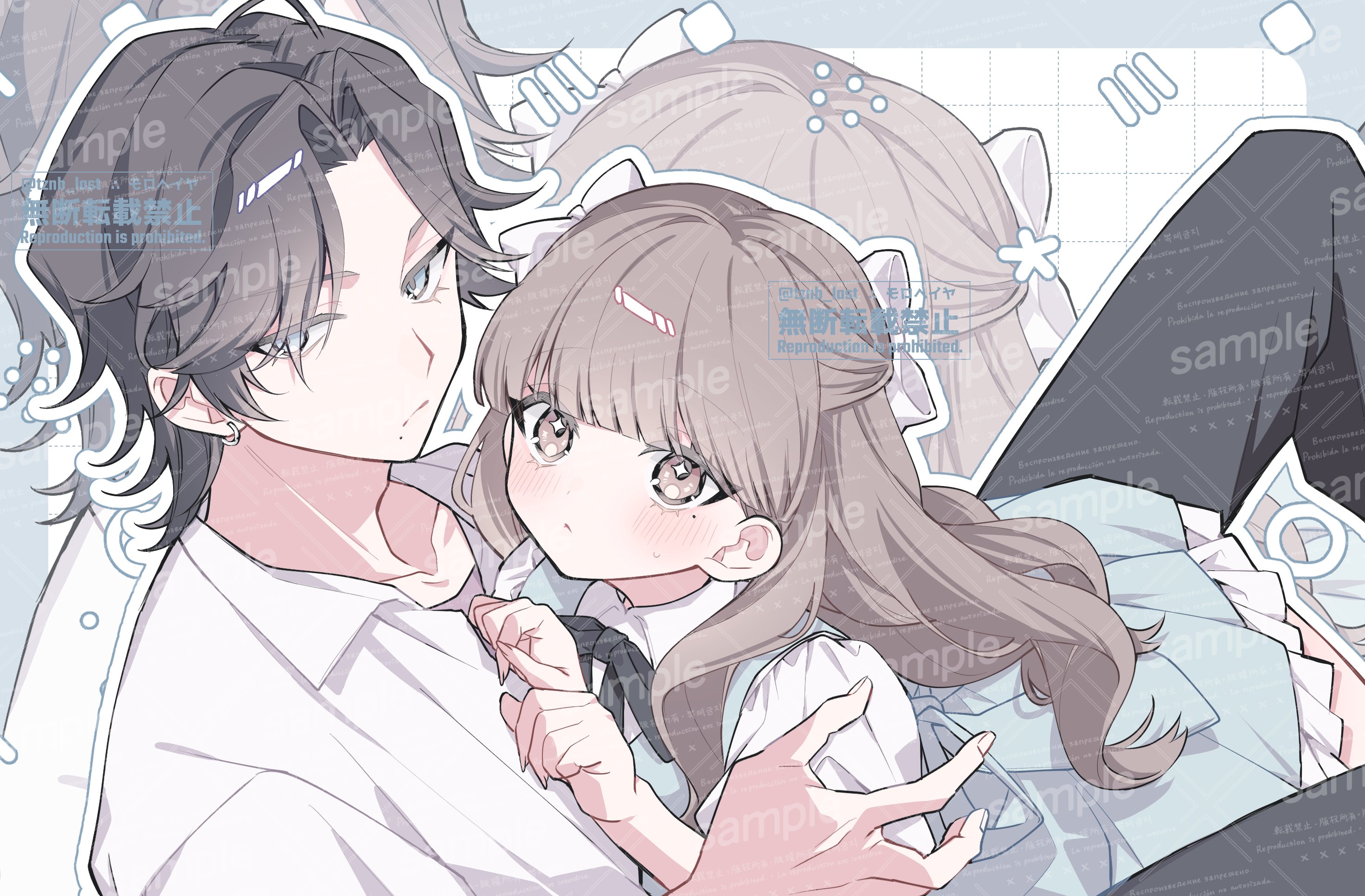 original, commission, highres, skeb commission, 1boy, 1girl, black bow, black hair, blue dress, blunt bangs, blush, bow, bowtie, brown eyes, brown hair, closed mouth, collared shirt, dress, grey eyes, hair bow, half updo, long hair, looking at viewer, mole, mole under eye, mole under mouth, outline, parted bangs, pinafore dress, sample watermark, shirt, short sleeves, sleeveless, sleeveless dress, sweatdrop, tznb last, watermark, white bow, white outline, white shirt, zoom layer