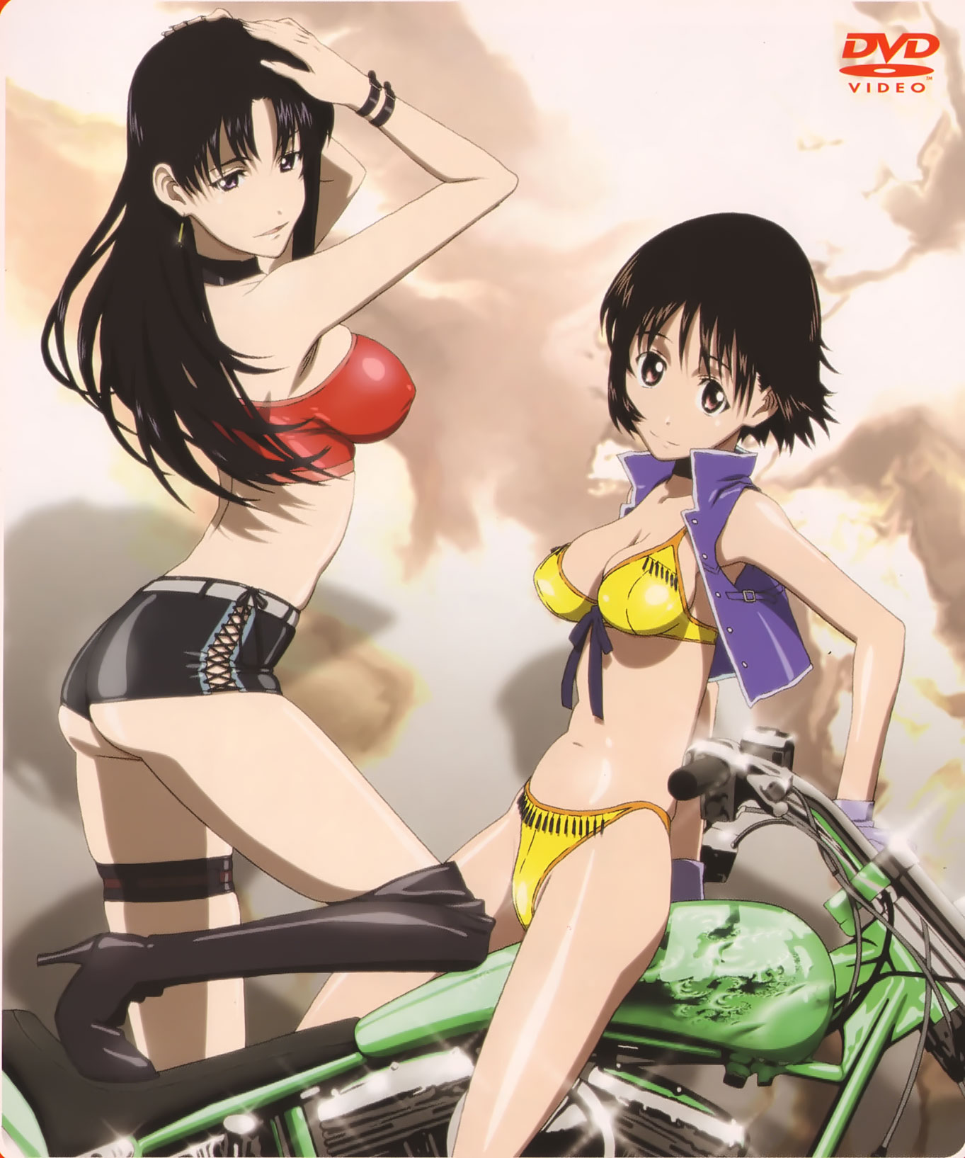 ishihama masashi, kashiwa hitomi, nakahara misaki, nhk ni youkoso!, vehicle, highres, 00s, 2girls, ass, bikini, black hair, bob cut, boots, bracelet, breasts, brown eyes, choker, cleavage, cover, dvd cover, earrings, high heels, jewelry, long hair, long legs, motor vehicle, motorcycle, multiple girls, nipples, shoes, short hair, short shorts, shorts, swimsuit, thighhighs, thighs, vest, yellow bikini