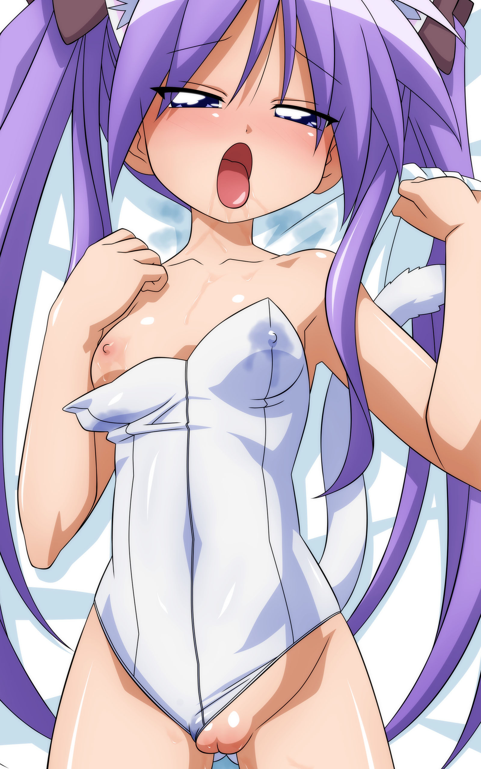sugimura tomokazu, hiiragi kagami, lucky star, absurdres, highres, 00s, 1girl, animal ears, armpits, breasts, cat ears, cat tail, cleft of venus, clothing aside, cowboy shot, embarrassed, female focus, flat chest, from above, hair between eyes, half-closed eyes, indoors, kemonomimi mode, kittysuit, lactation, lactation through clothes, leotard, leotard aside, long hair, lying, nipples, nontraditional playboy bunny, pussy, pussy juice, ribbed leotard, saliva, solo, tail, tongue, uncensored, very long hair