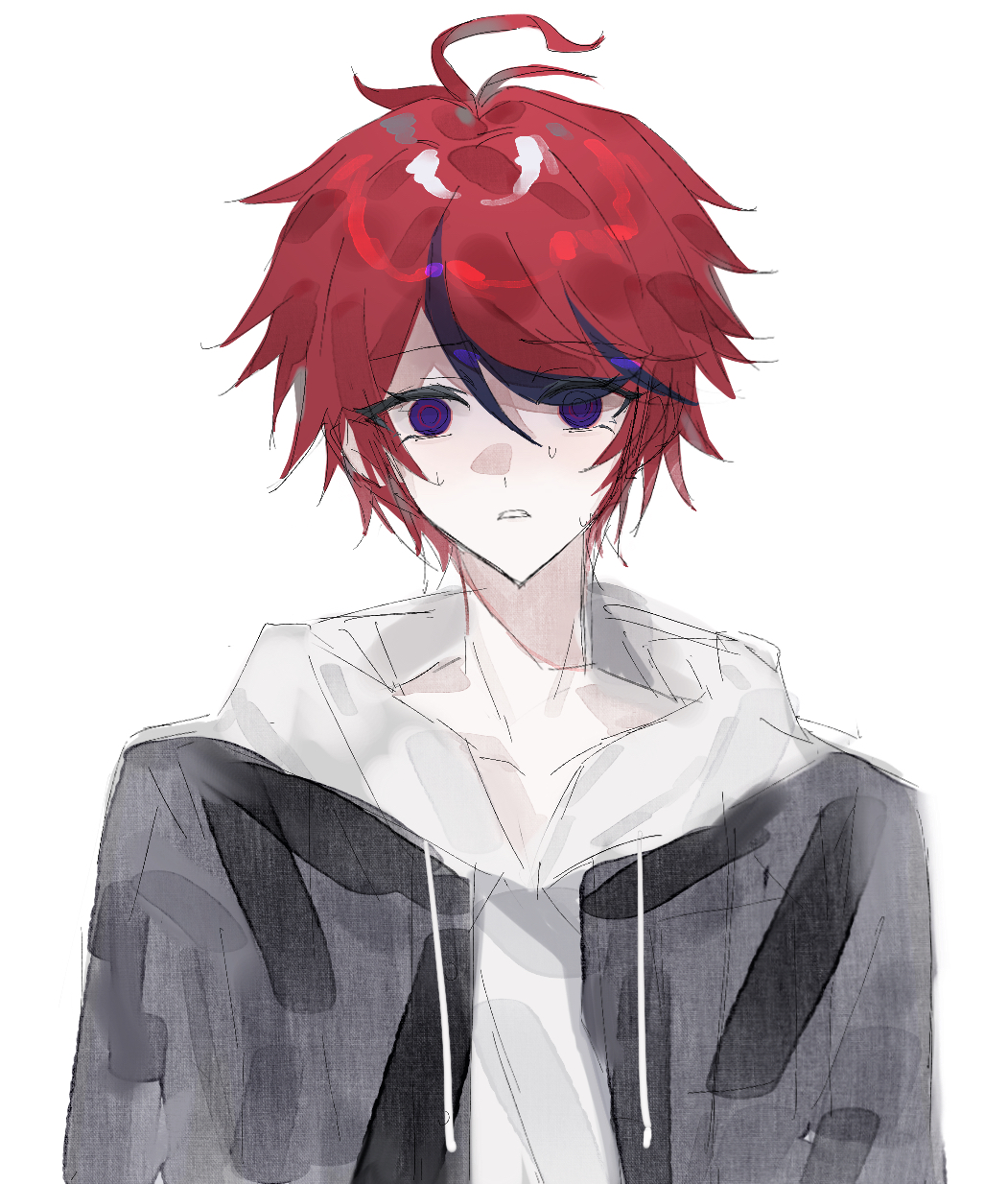 sumino takumi, the hundred line -last defense academy-, commentary, highres, symbol-only commentary, 1boy, ahoge, black hair, blue eyes, collarbone, drawstring, eyes visible through hair, grey jacket, hair between eyes, hood, hood down, hoodie, jacket, jacket over hoodie, looking at viewer, male focus, multicolored hair, open clothes, open jacket, red hair, short hair, simple background, sjyxh, sketch, solo, streaked hair, sweat, two-tone hair, upper body, white background, white hoodie