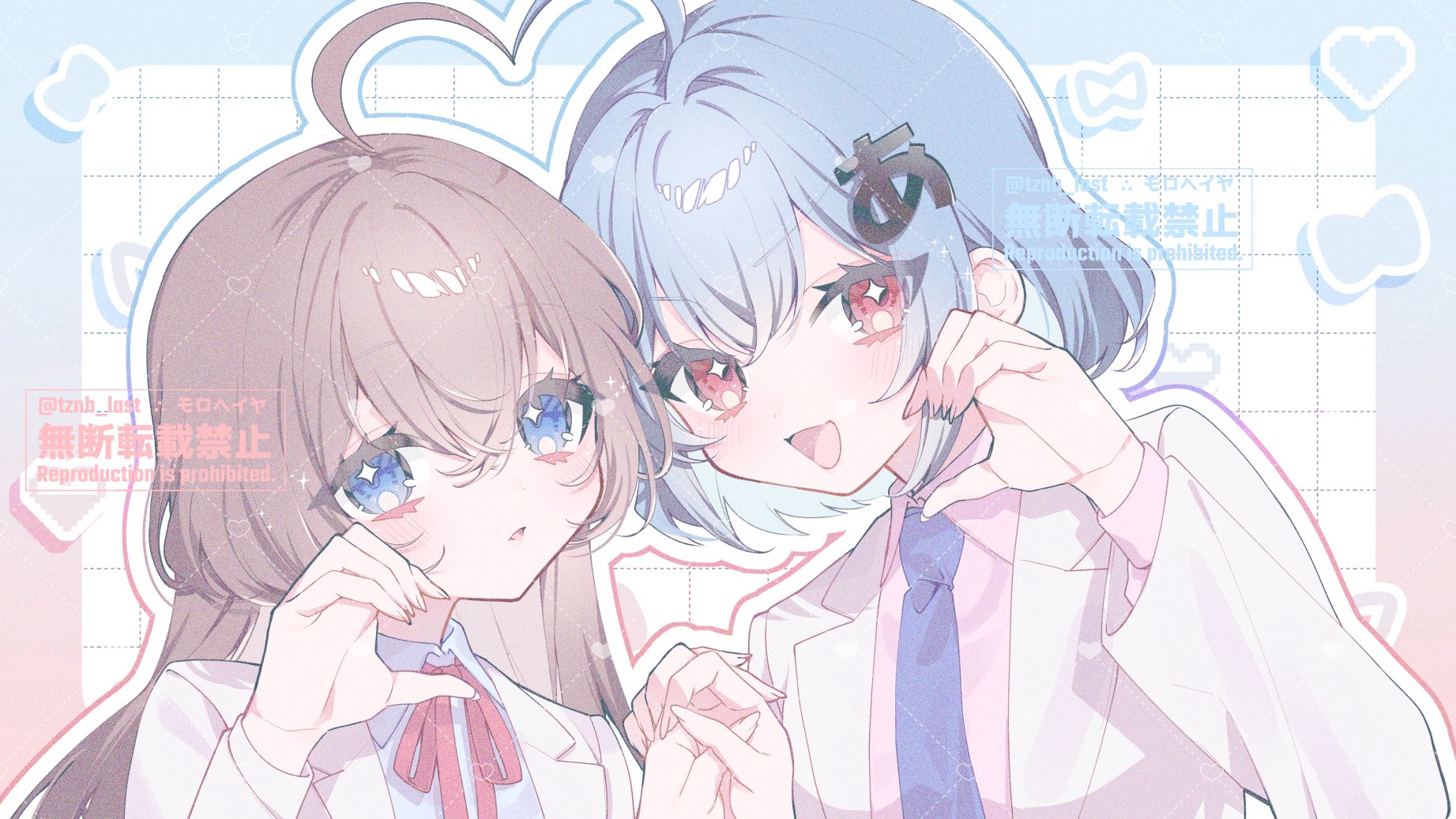 original, highres, + +, 2girls, ahoge, blue eyes, blue hair, blue necktie, blue shirt, blush, brown hair, collared shirt, crossed bangs, hair between eyes, hair ornament, heart, heart ahoge, holding hands, jacket, lab coat, long hair, long sleeves, looking at viewer, multiple girls, neck ribbon, necktie, open mouth, pink shirt, red eyes, red ribbon, ribbon, shirt, short hair, smile, sparkling eyes, tznb last, upper body, watermark