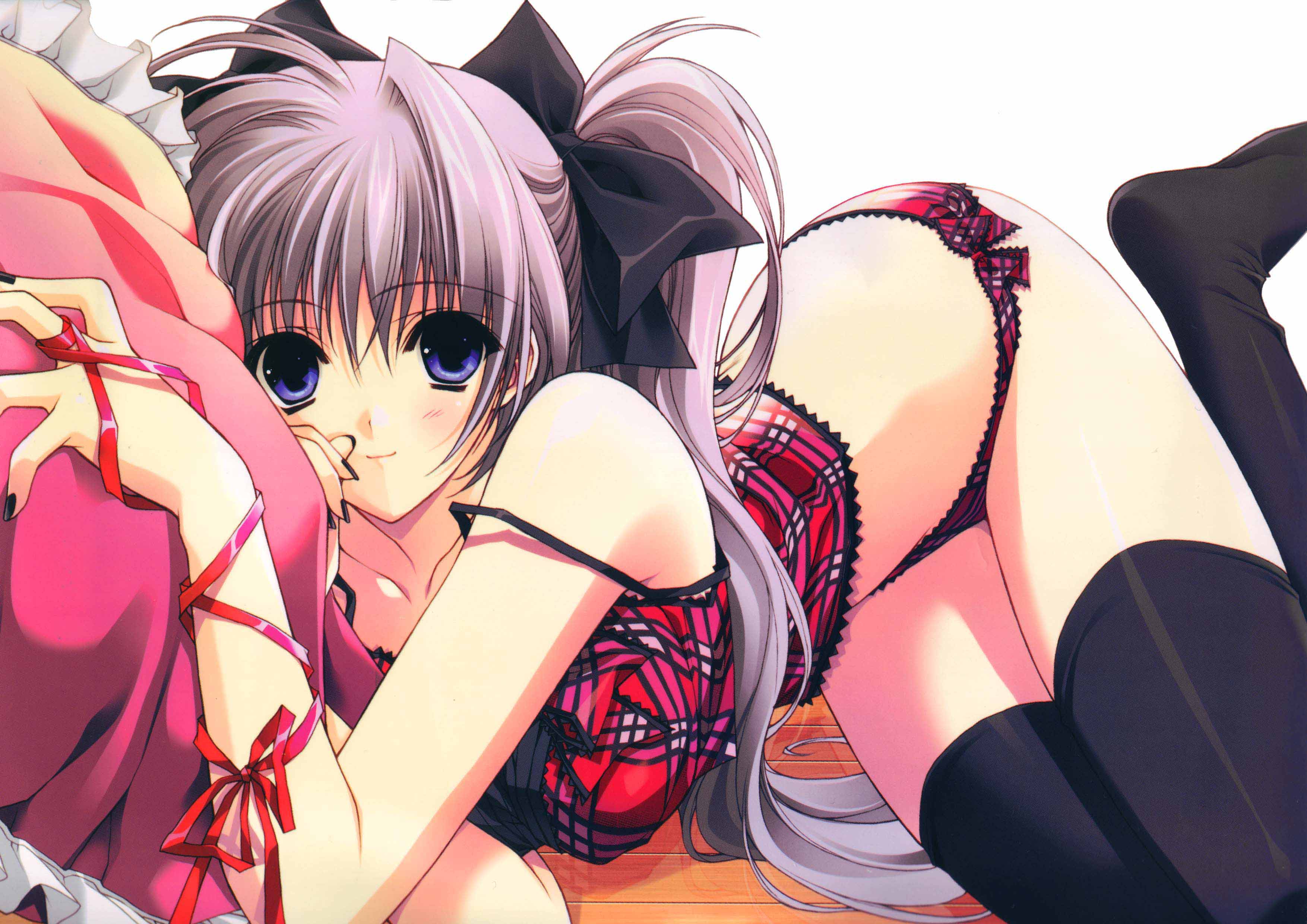 suzuhira hiro, light purple hair, absurdres, highres, jpeg artifacts, scan, 1girl, arm ribbon, black nails, black thighhighs, blue eyes, blush, bow, camisole, female focus, hair bow, light smile, lingerie, looking at viewer, lying, nail polish, on side, panties, pillow, pink hair, ribbon, solo, strap slip, thighhighs, twintails, underwear